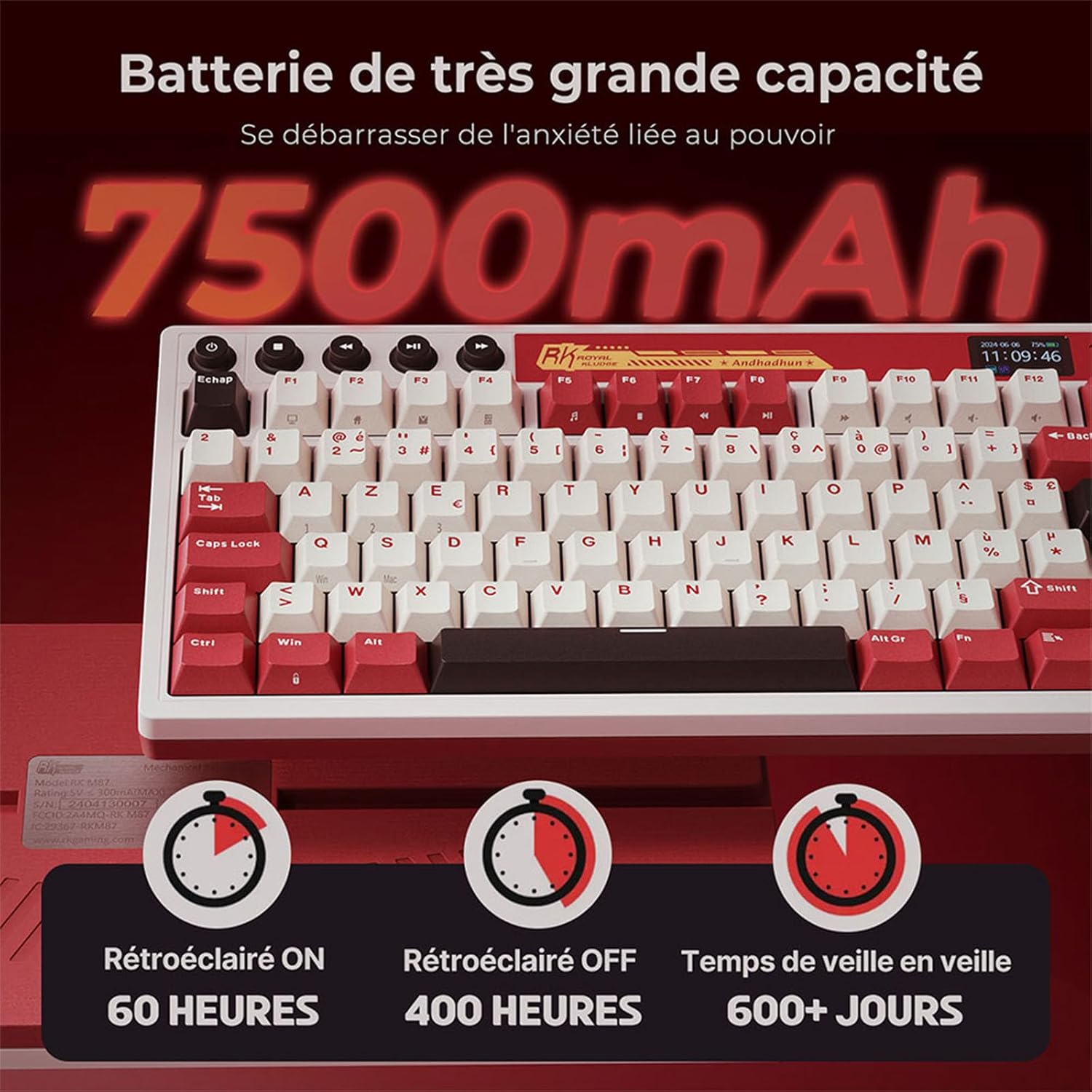 Thumbnail 4 de RK ROYAL KLUDGE M87: Clavier de jeu sans fil 75% avec écran LCD et double bouton