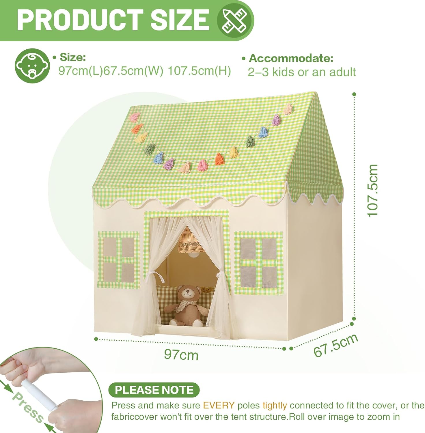Detalle de Wilwolfer Kids Indoor Play Tent: Princess PlayHouse with Green Checkered Mat & Tassel Garland (67.5×97×107.5 cm)