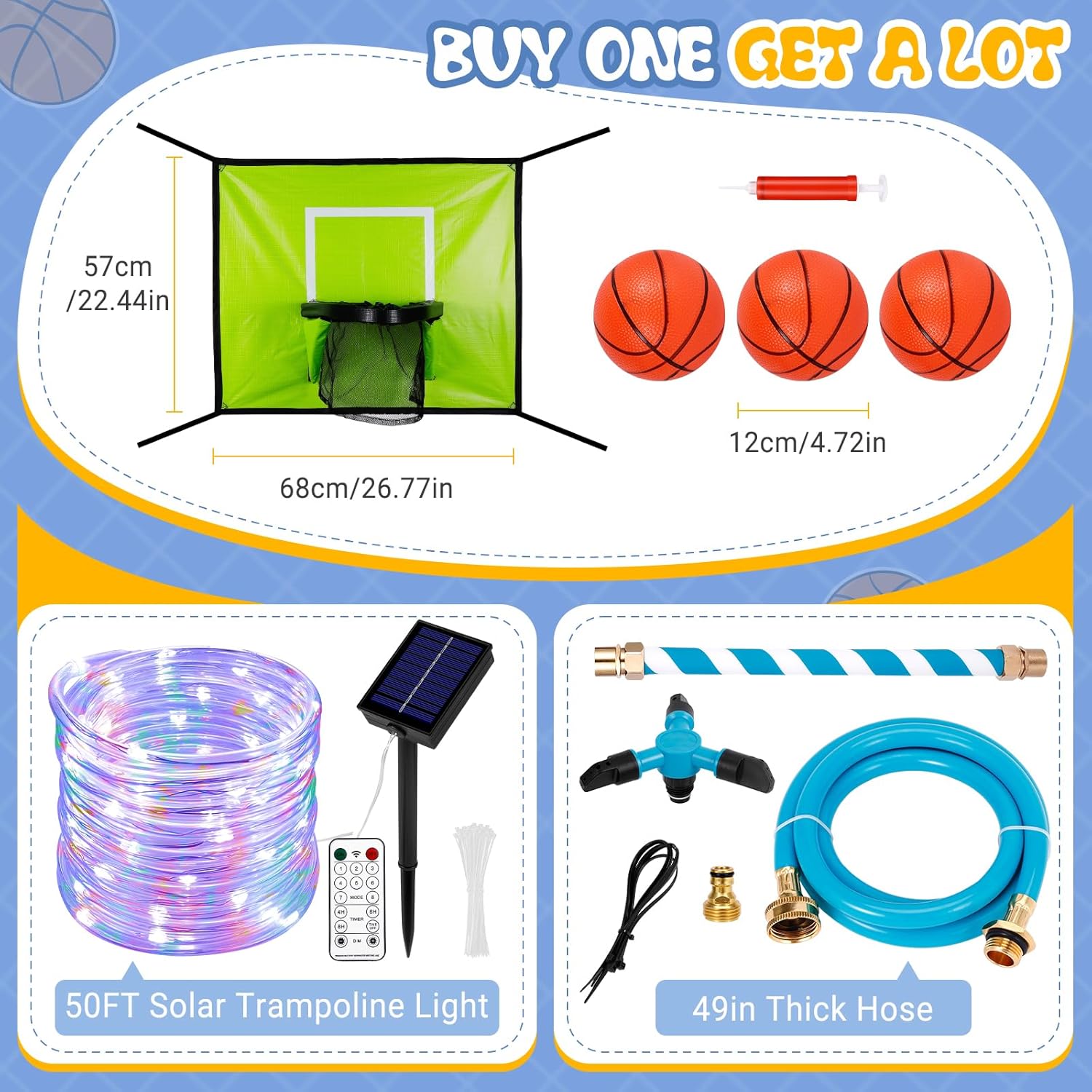 Detalle de Kids Trampoline Accessories Kit: Basketball Hoop, Mini Balls, Solar Lights & 8-Mode Outdoor Lighting
