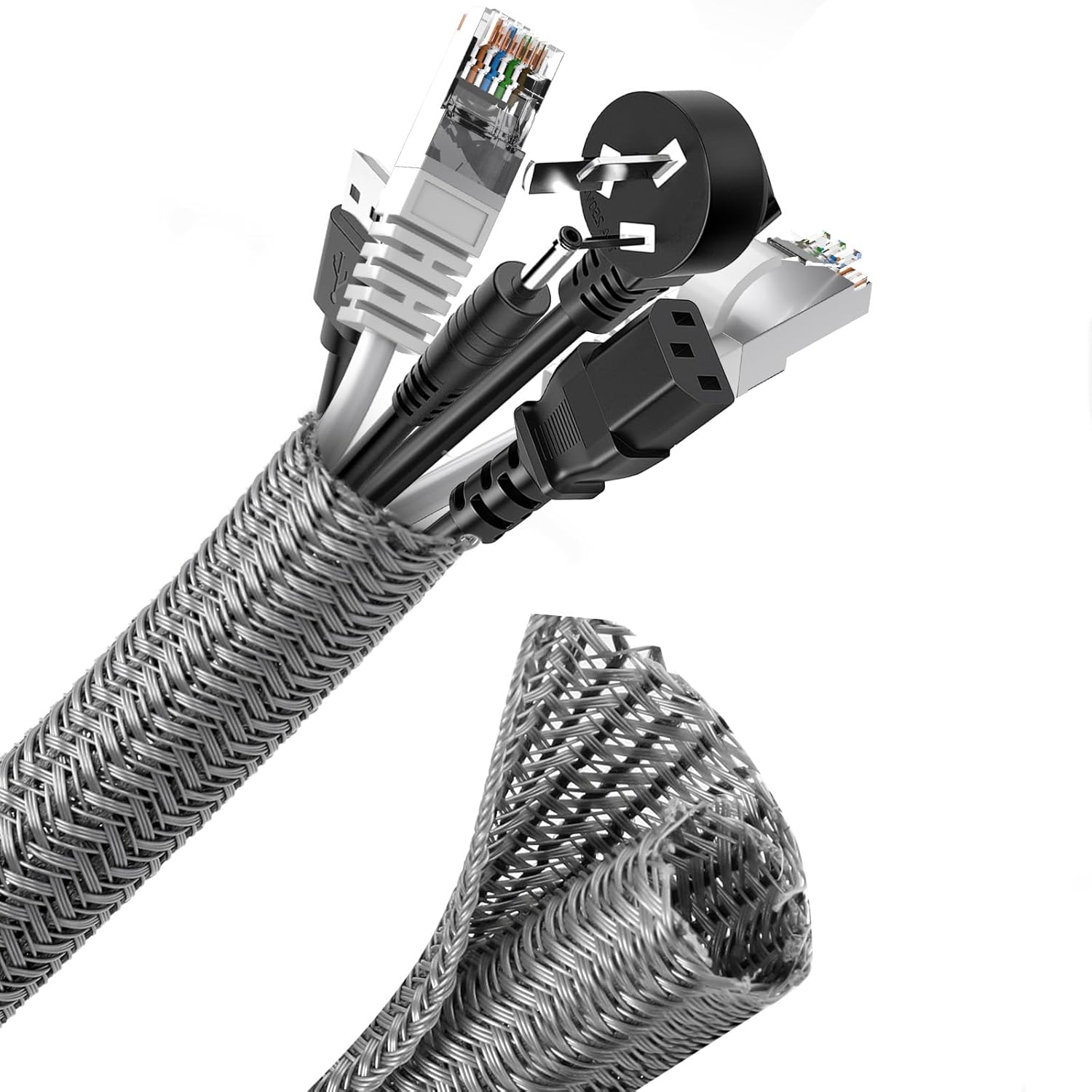 Detalle de Romon 6m Kabelschlauch 13–22 mm Zuschneidbar – Selbstschließend, flexibler Gewebter Kabelmantel, Spiralschlauch für TV, PC, Heimkino, Auto, Grau