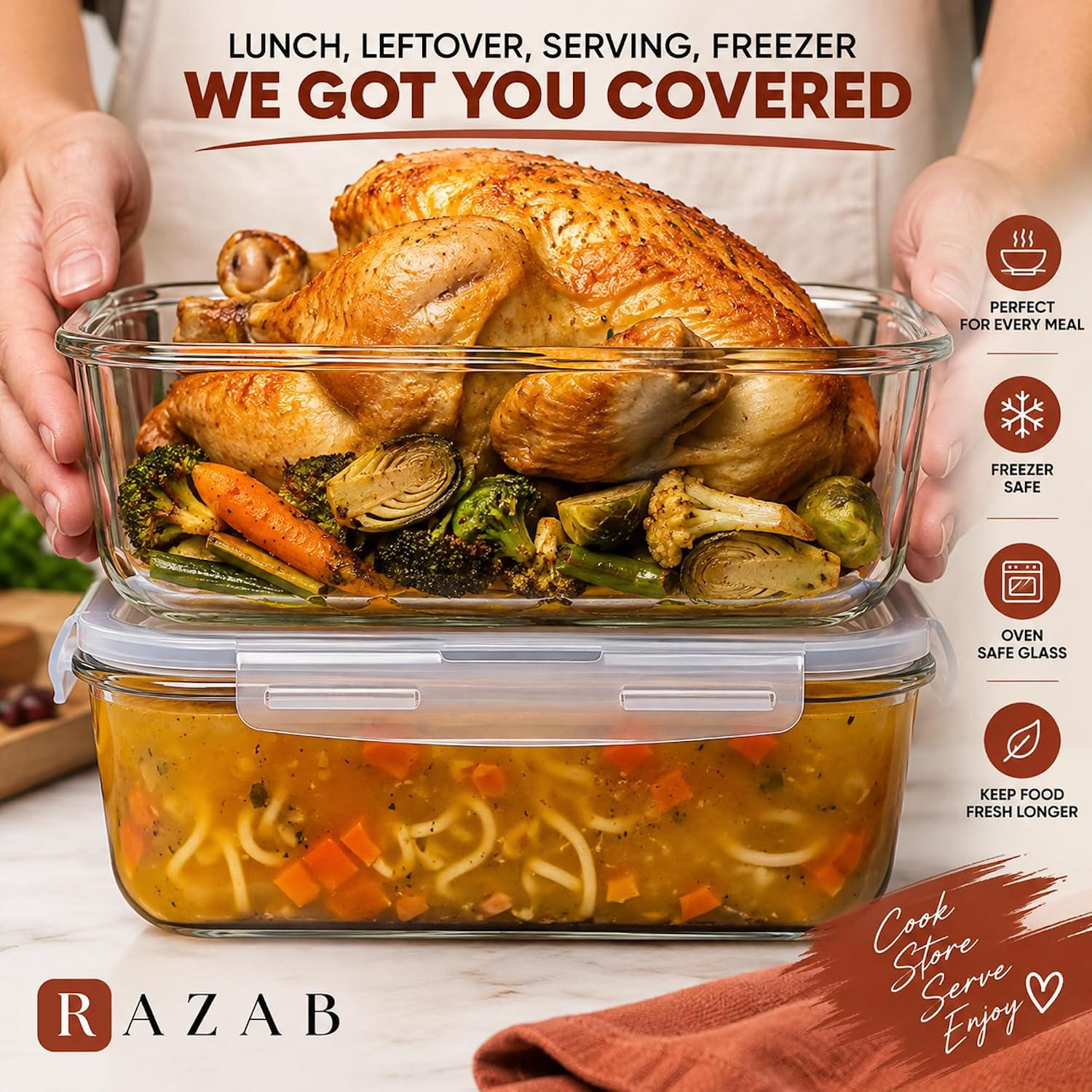 Detalle 2 de Razab 63 oz 2-Pack Borosilicate Glass Food Storage Containers with Lids
