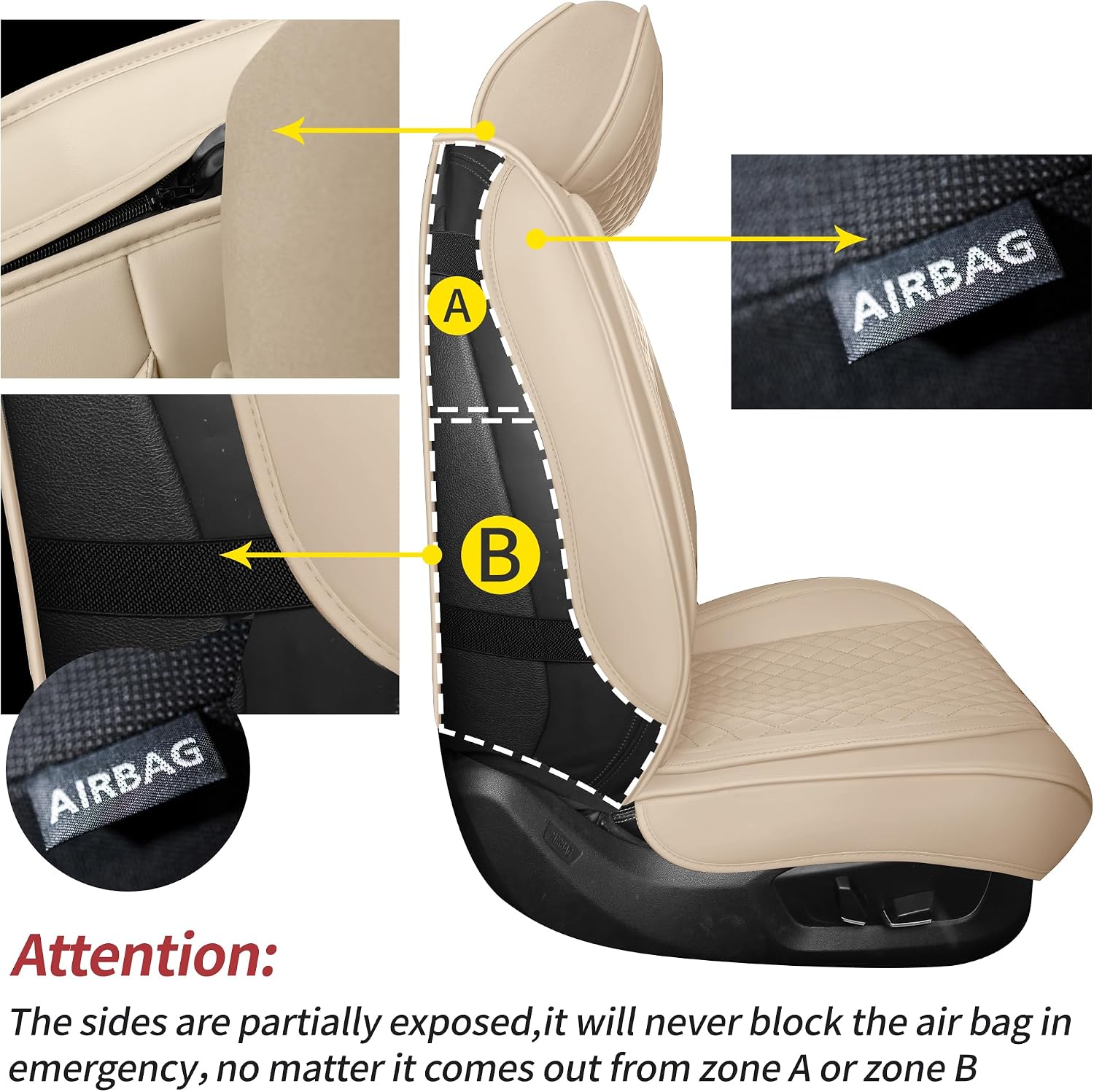 Detalle 2 de ZenRide Light Beige Thick Nappa Leather Car Seat Covers Full Set — Universal Fit, 3D Contoured, Waterproof