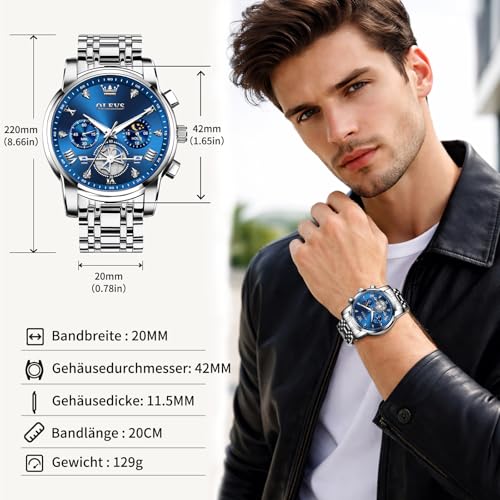 Detalle de OLEVS Chronograph Herrenuhr 42 mm Edelstahl, Quarz, 3 ATM wasserdicht – Silberblaues Zifferblatt
