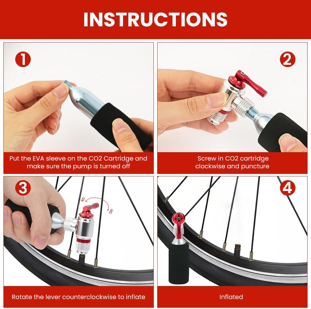 Detalle de AOOWU Gonfiatore di CO2 per bici, compatibile Presta e Schrader (no cartucce CO2), con 2 manicotti isolati