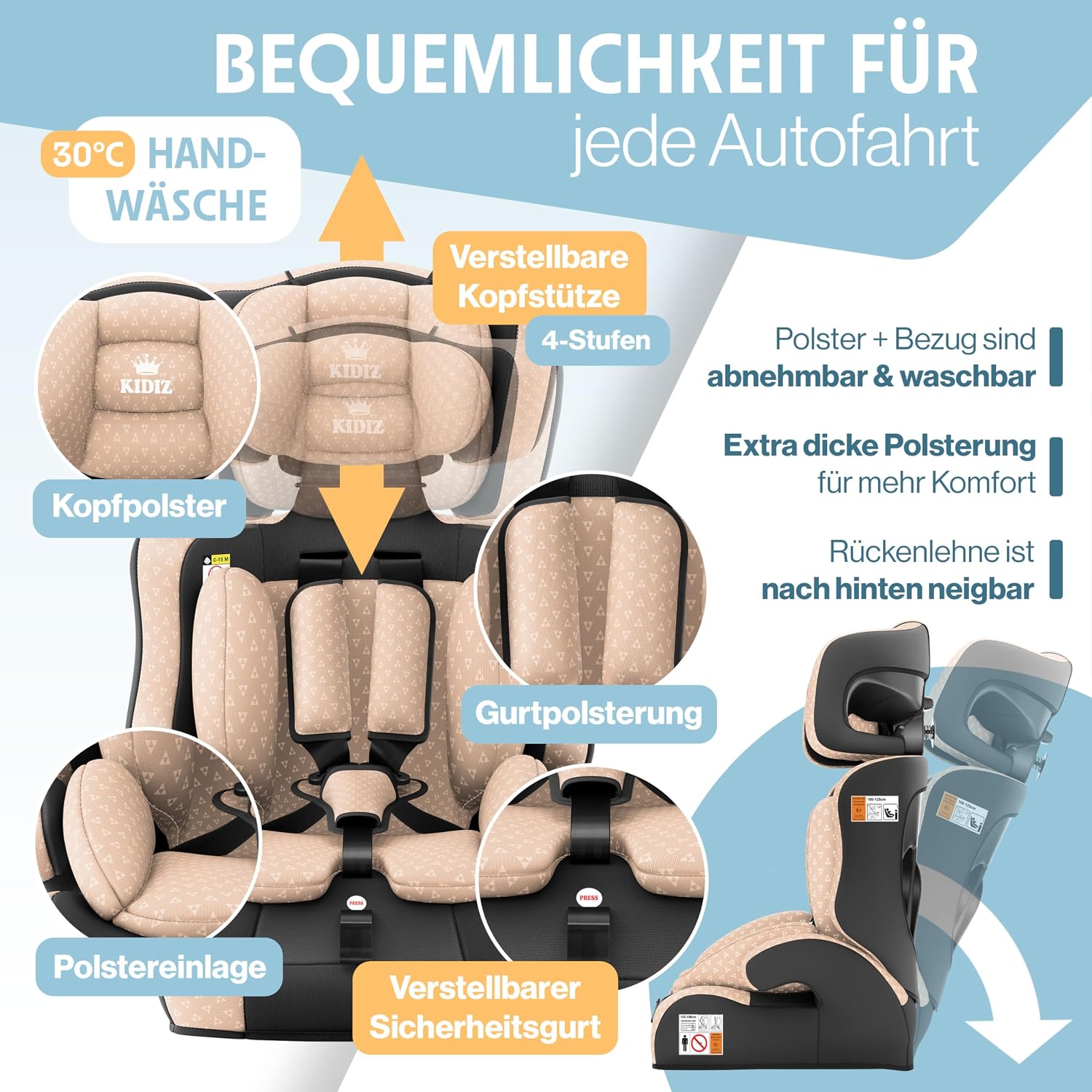 Detalle 2 de KIDIZ Autokindersitz i-Size R129 (100–150 cm) bis 12 Jahre – Gruppe 1/2/3, 5-Punkt-Gurt, höhenverstellbare Kopfstütze, ohne Isofix