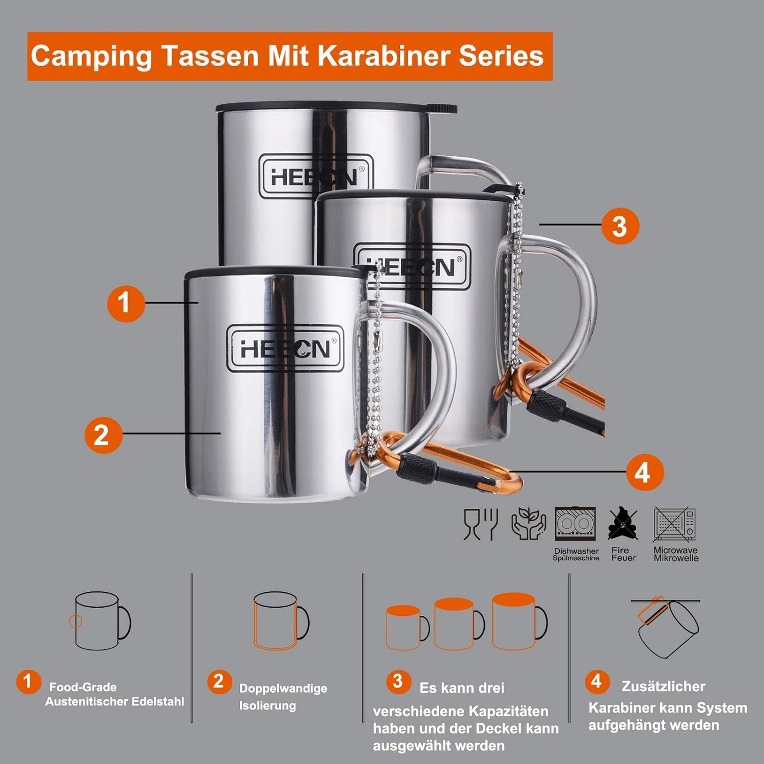 Thumbnail 4 de HEECN tazze da caffè da campeggio doppia parete in acciaio inox 18/8 da 260 ml con coperchio girevole e moschettone HESS-038BBK