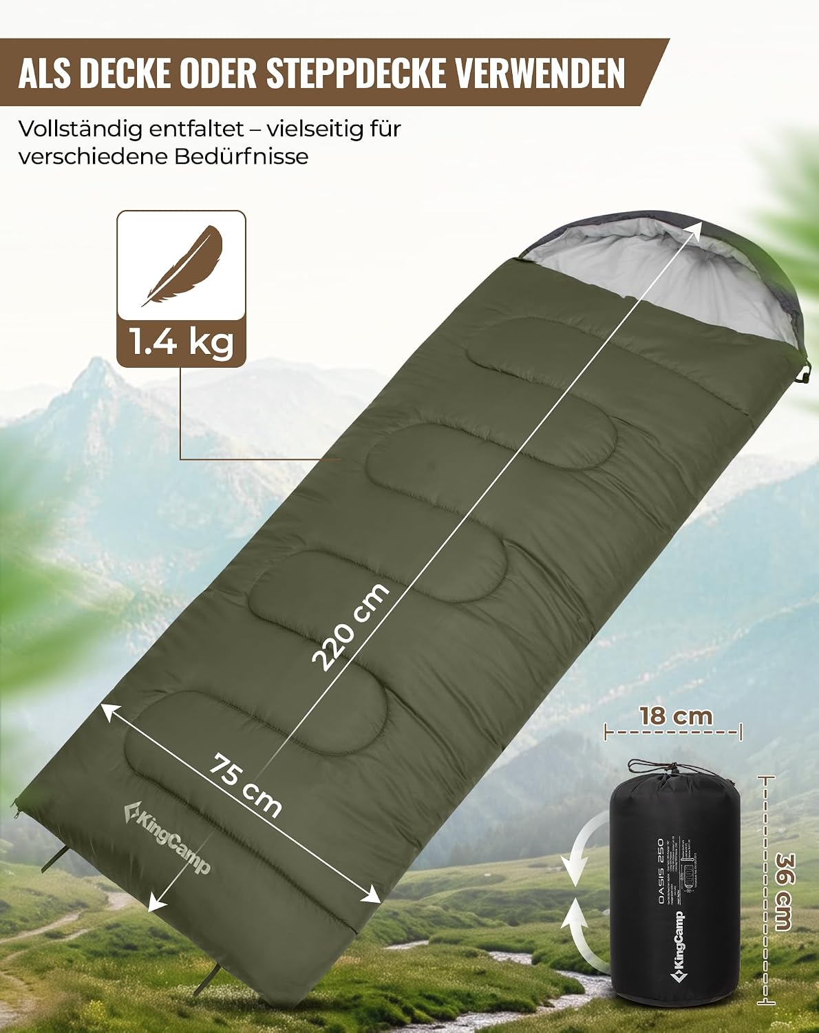 Detalle de KingCamp Camping Sommerschlafsack für Kinder & Erwachsene – kompakt, 3-Jahreszeiten, Deckenschlafsack integrierbar