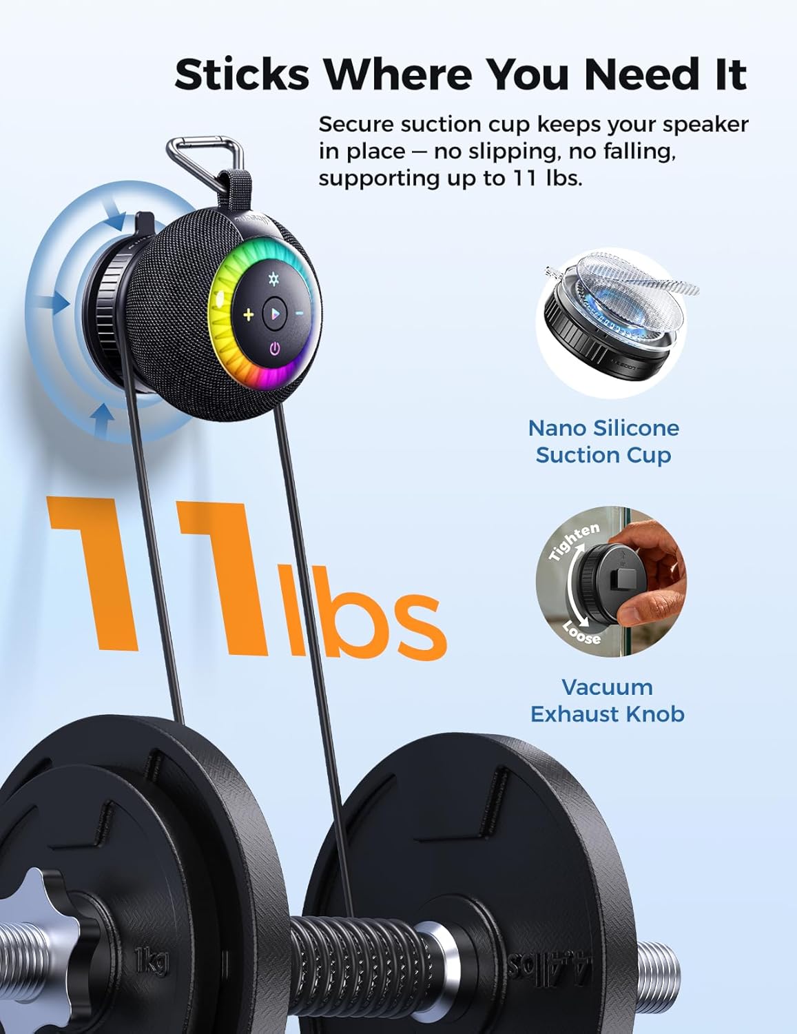 Detalle 2 de dbsono Shower Speaker Bluetooth Waterproof, 360° Surround Sound (IPX7) with Suction Cup, RGB Lights, BT 5.4, TWS
