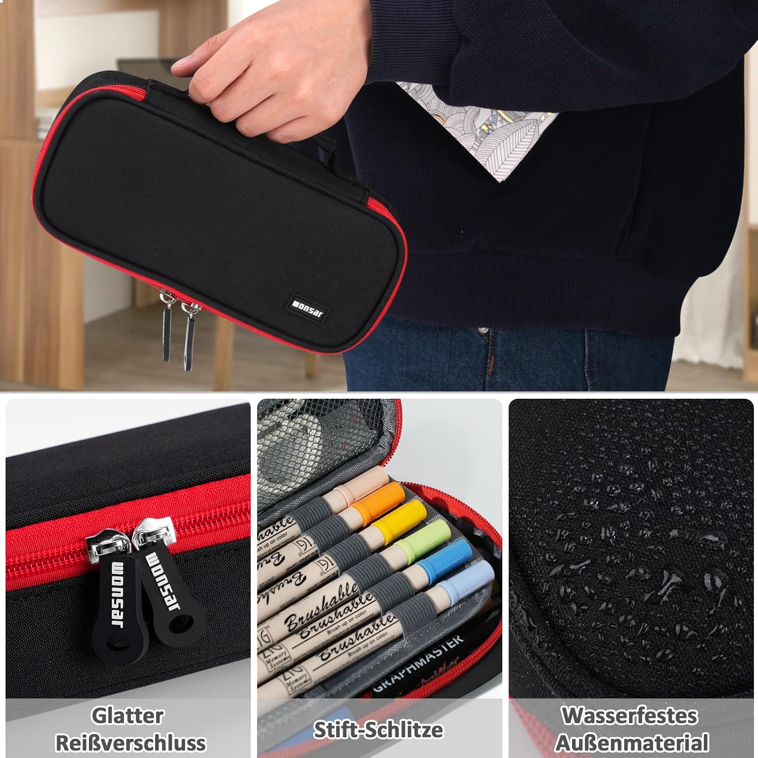 Thumbnail 3 de Wonsar Federmäppchen Mäppchen Federtasche Etui 4 Fach – vielseitig nutzbar für Schule, Büro und unterwegs