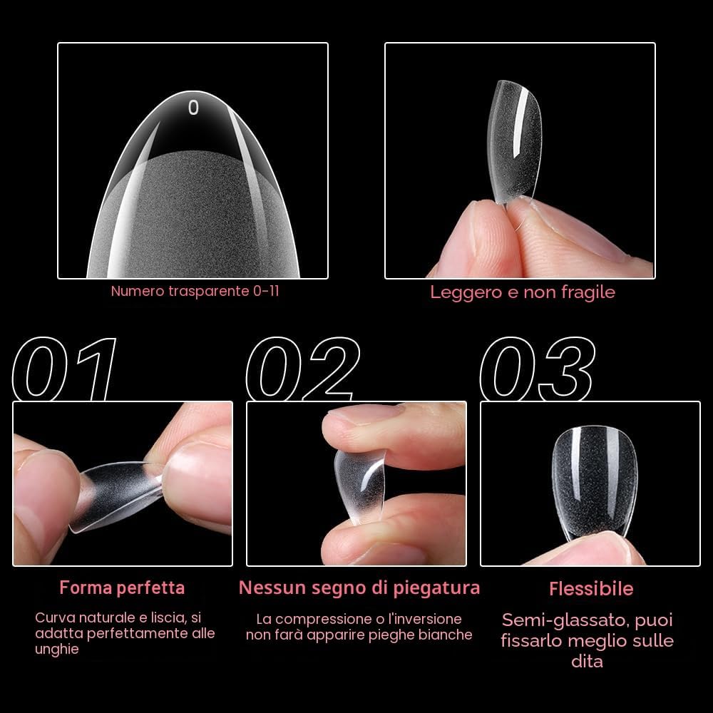 Detalle de ZIFUTON 600 Pezzi Unghie Finte in Gel – Copertura Completa, 12 Misure Mandorla, Trasparenti