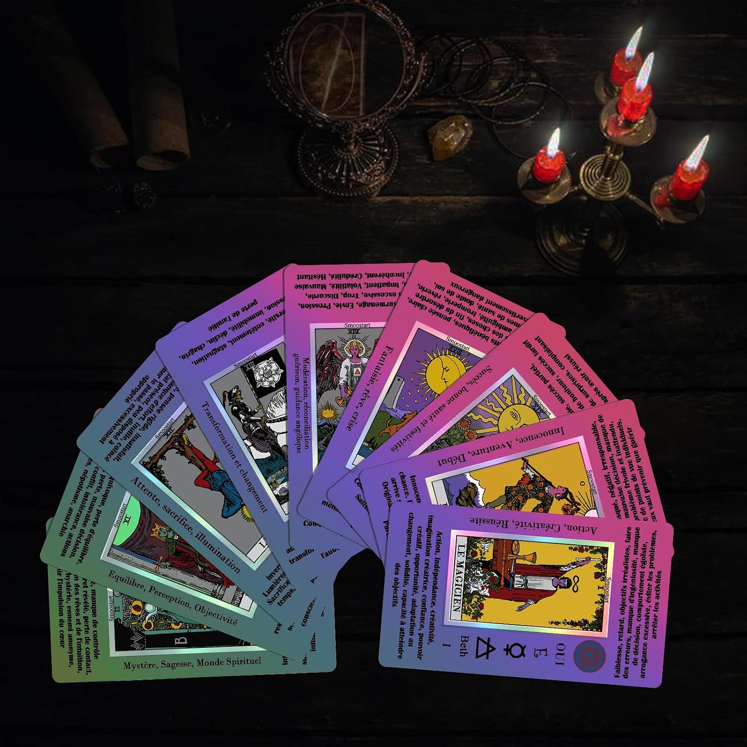 Detalle de Smoostart Rose – Cartes de Tarot Français pour Débutants avec Guide et Significations holographiques