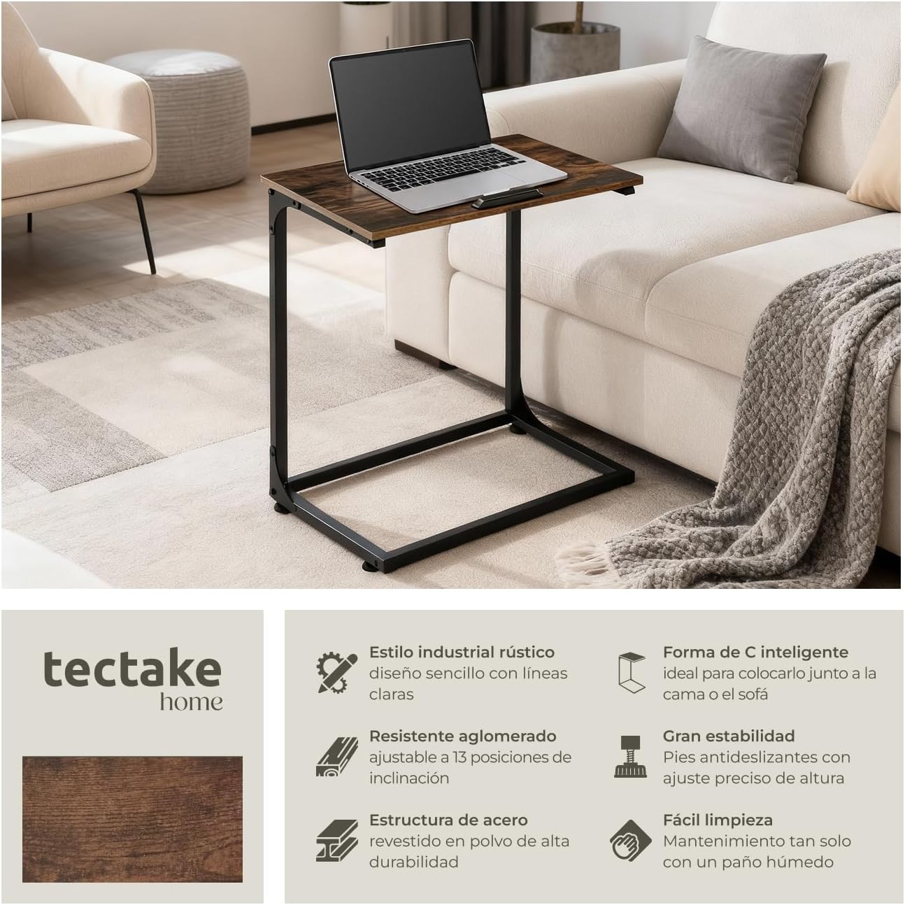 Detalle 2 de tectake® Mesa Auxiliar en C 55 x 35 x 66,5 cm