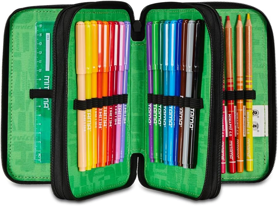 Detalle 2 de Invicta Trousse d’école 3 Zip Triple compartiment noir et vert – avec stylos, crayons et marqueurs