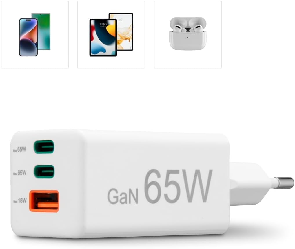 Thumbnail 5 de Hama chargeur rapide 65W GaN (PD + QC 3.0) à 3 ports pour iPhone, Samsung et MacBook – Blanc