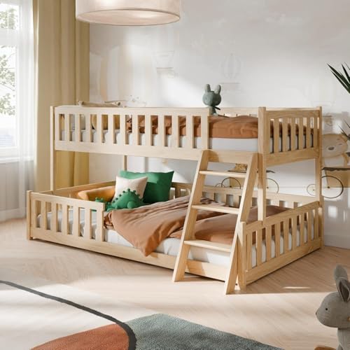 Detalle de Kids Collective Lit superposé 90x200 / 120x200 pour enfant et ado avec échelle, barrières et sommiers à lattes – Finition Naturelle