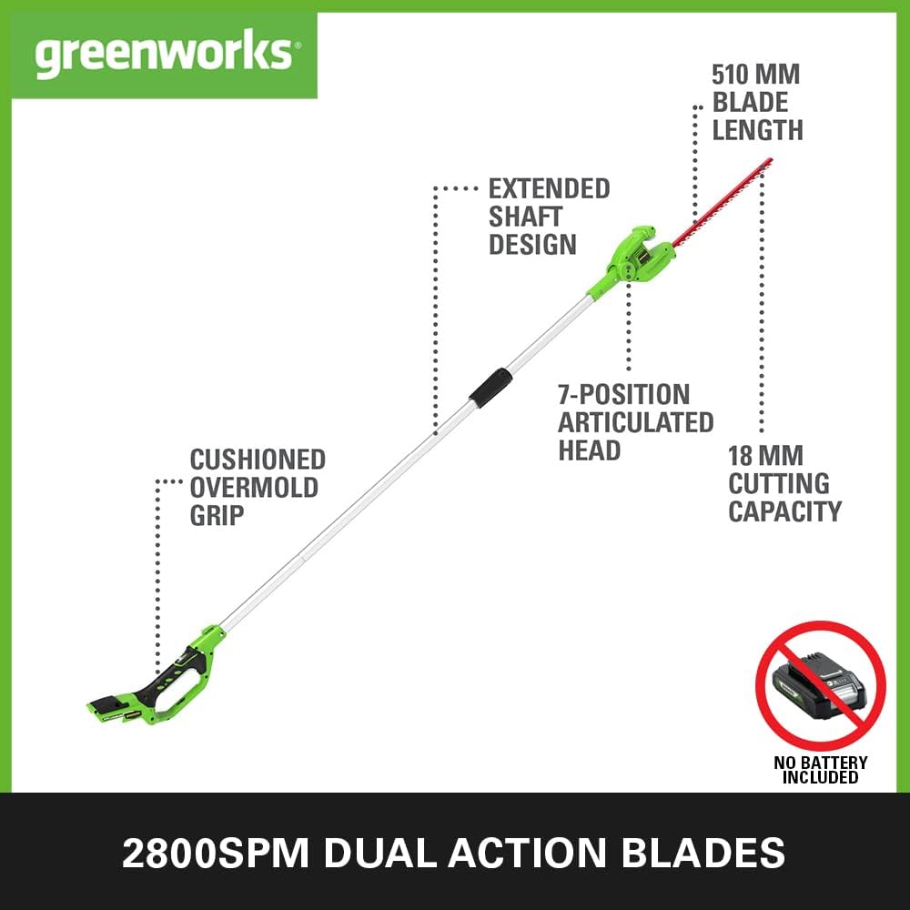 Thumbnail 1 de Greenworks G24PH51 cordless pole hedge trimmer with split shaft (tool only) and 51cm dual action blades