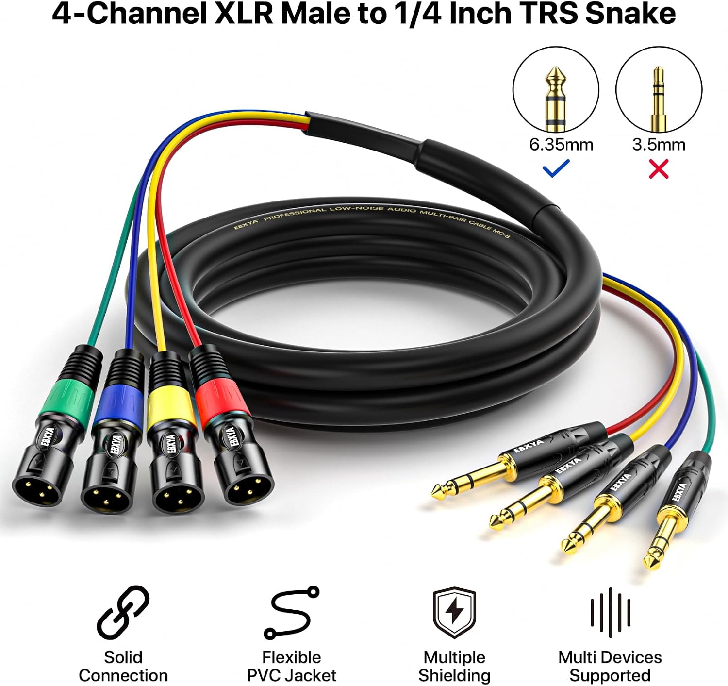 Detalle de EBXYA 4-Channel XLR Male to 1/4-Inch TRS Snake Cable, 3 Feet