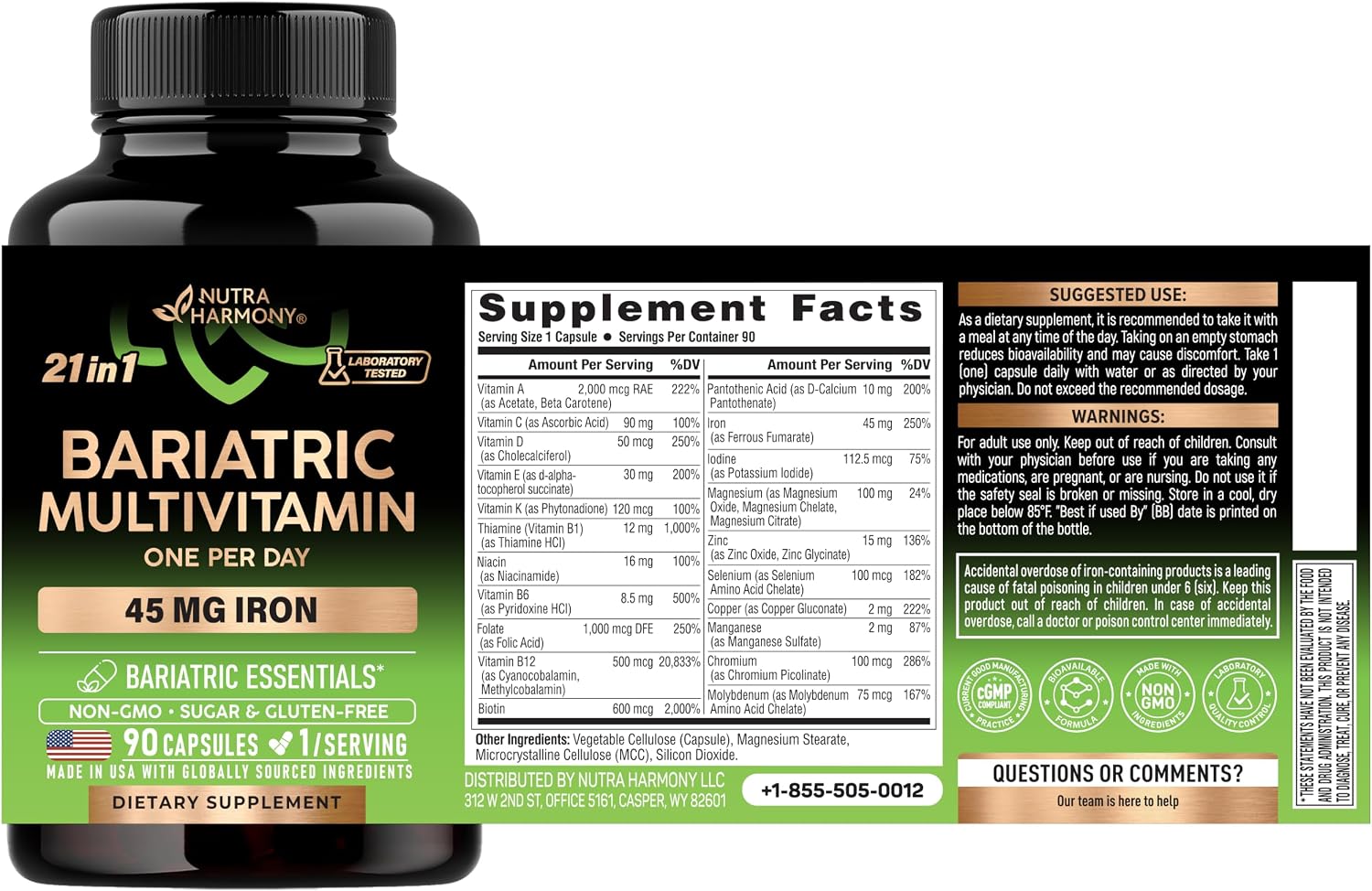 Detalle de NUTRAHARMONY NH-BV02 Bariatric Multivitamin, 45 mg Iron, 21-in-1, 90 Capsules