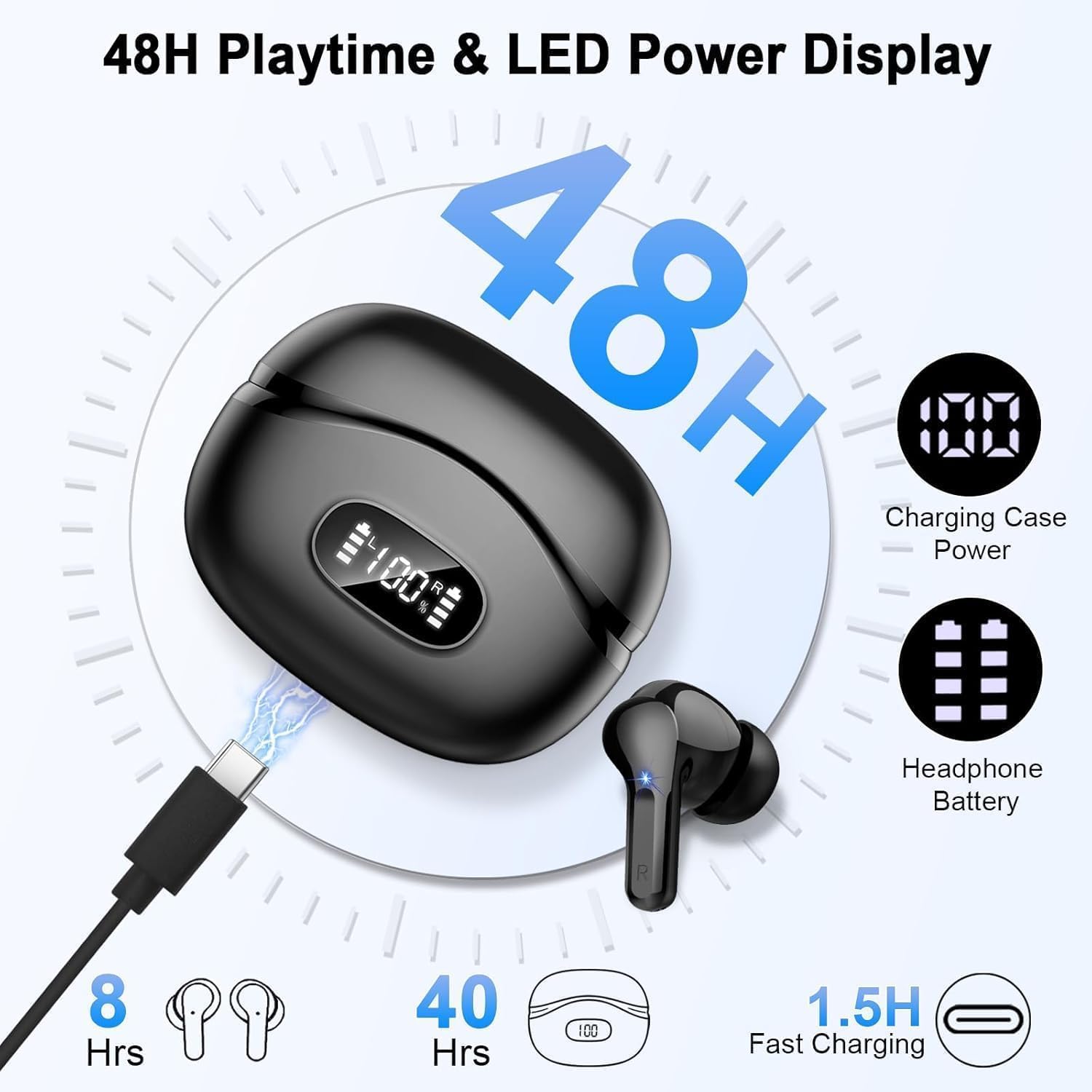 Thumbnail 3 de Wireless Earbuds (Bluetooth 5.4) HiFi Stereo with 4 ENC Noise-Cancelling Mics, 48H Battery, Dual LED Case Display, IP7 Waterproof - Black