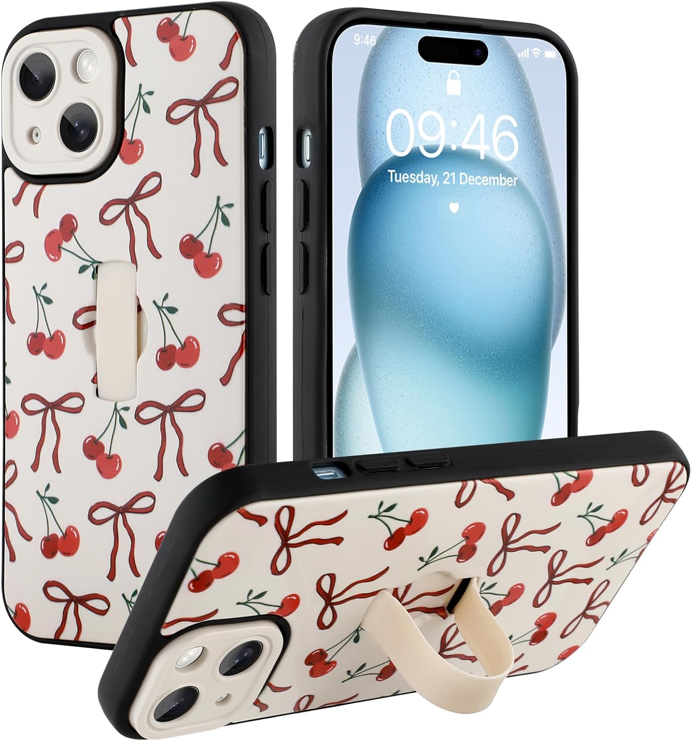 Detalle de Ufbara 2088369-BowWhite-IP15 iPhone 15 Case with Cherry Bow and Wrist Strap