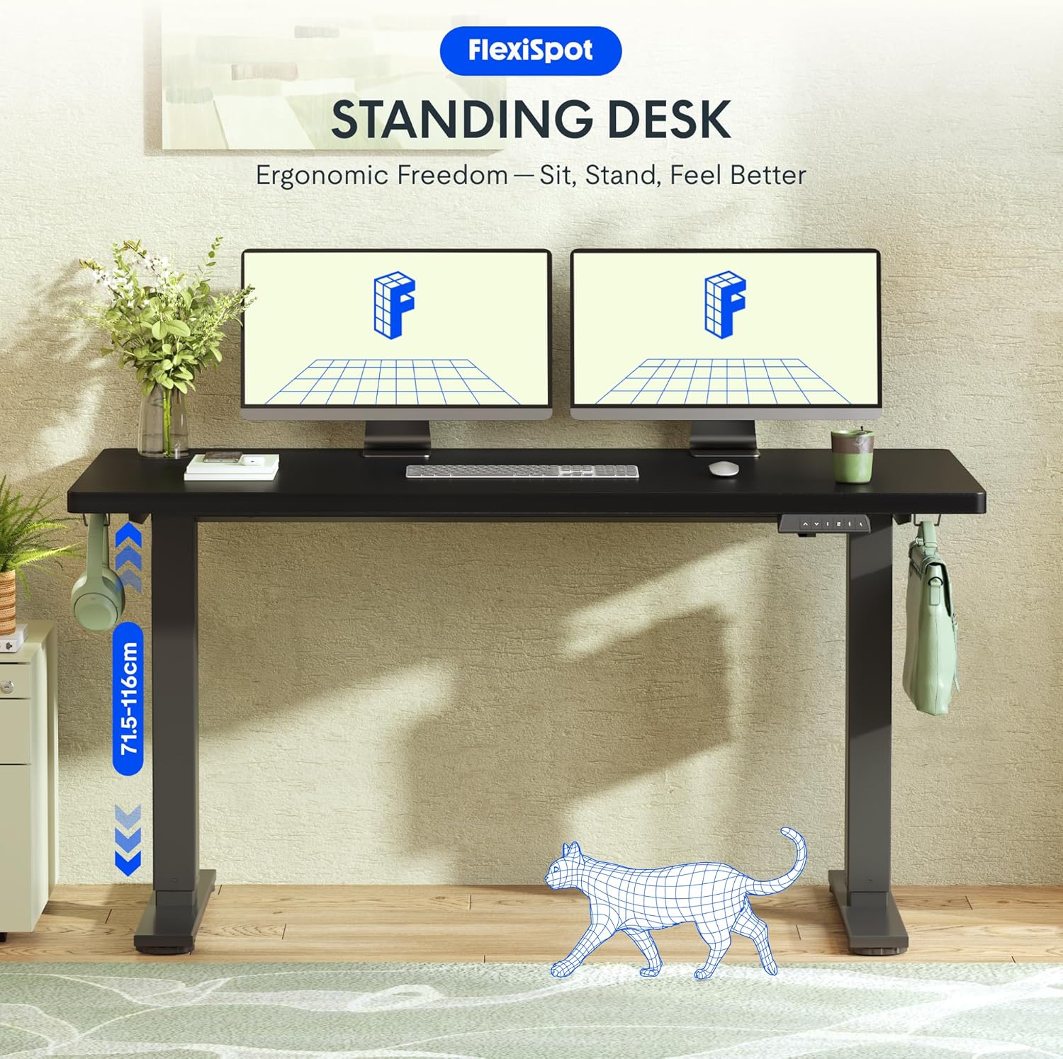 Detalle de FLEXISPOT E1 Plus One-Piece Electric Standing Desk 120 x 60cm – Black