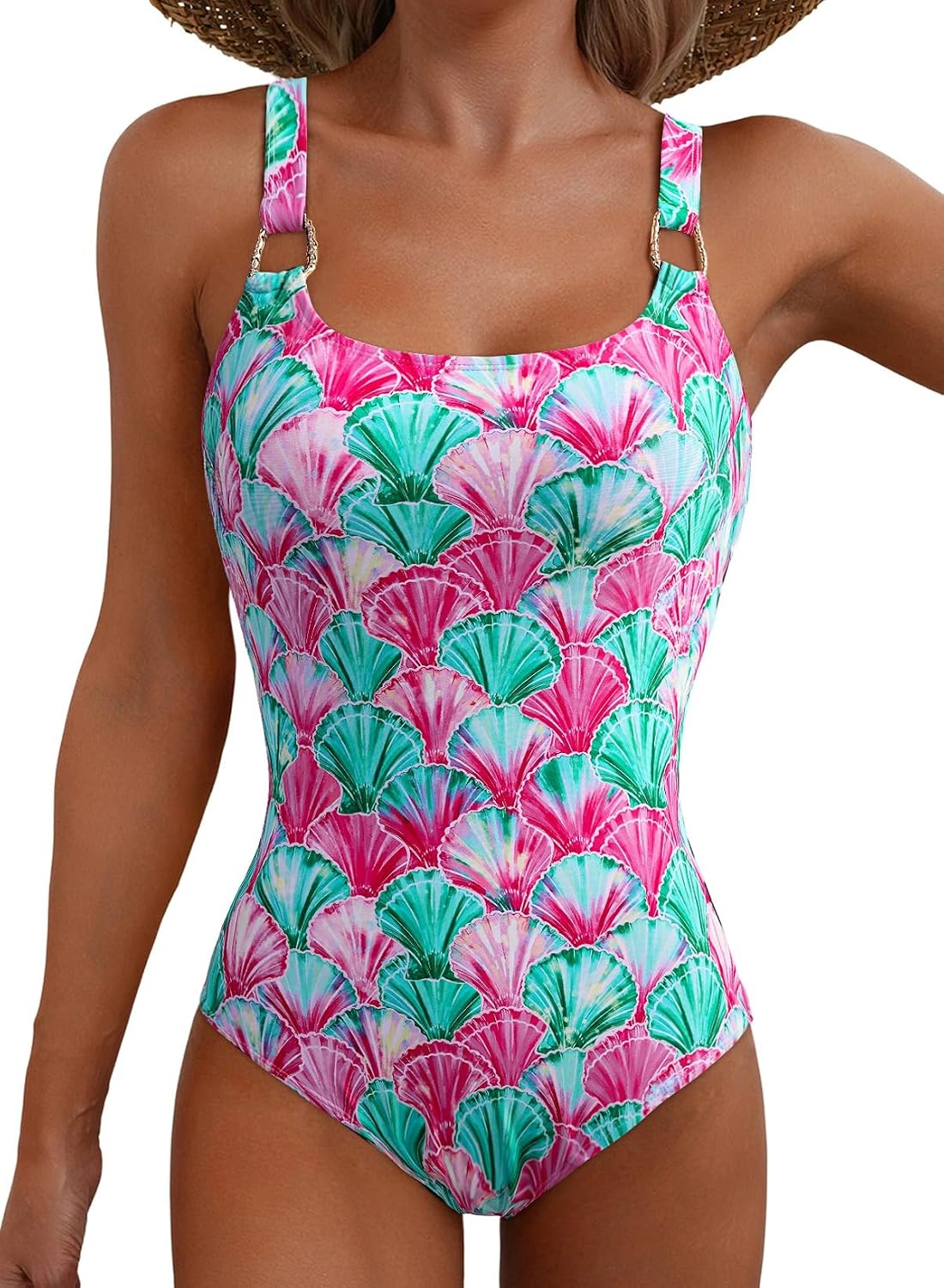 Detalle de Herseas Women's Metal Ring Wide Strap One Piece Swimsuit with Floral Print and Tummy Control