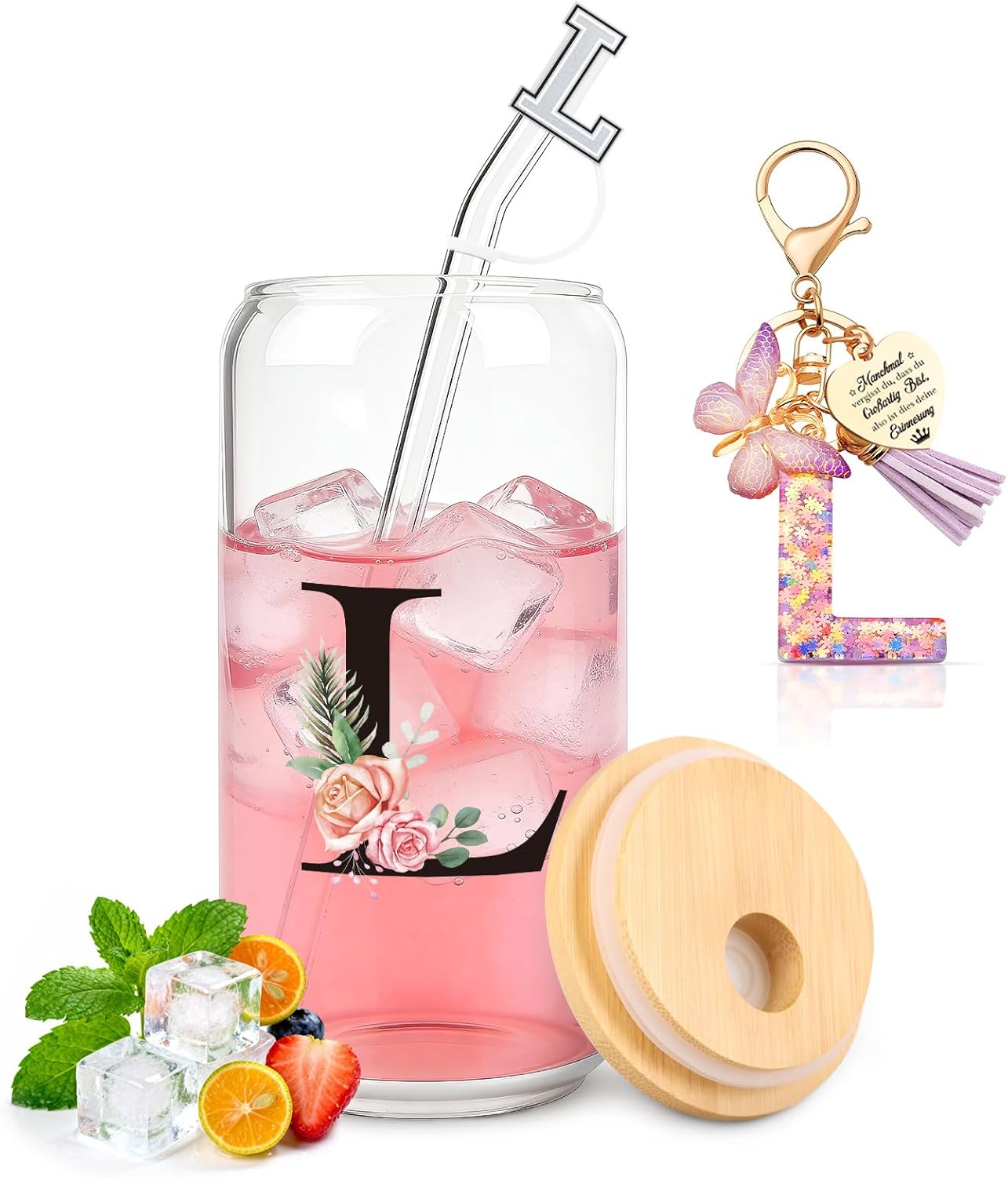 TUZELIYA A-Z Personalisierte Geschenke: Glasbecher mit Deckel & Strohhalm + Initialen-Schlüsselanhänger