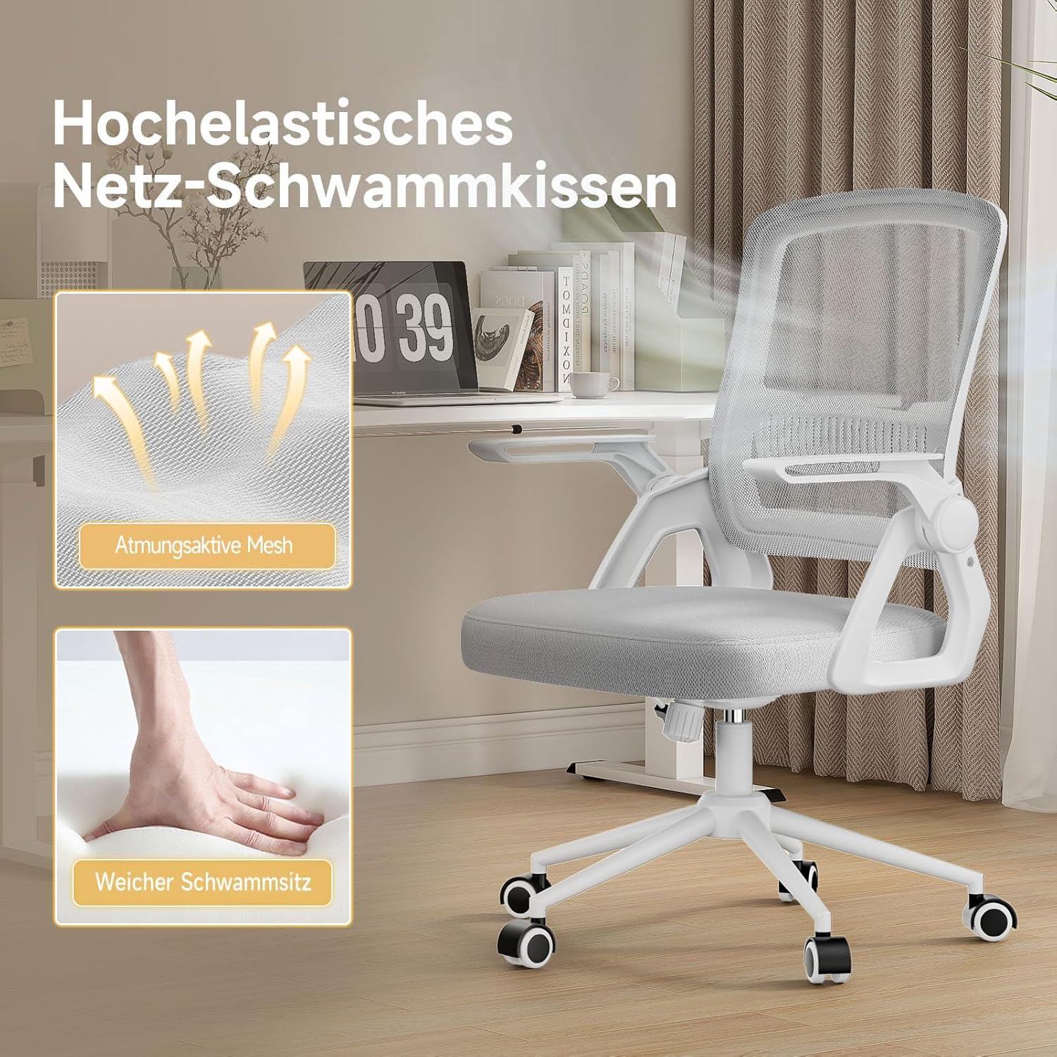 Detalle 2 de nasPaluro Ergonomischer Bürostuhl mit Mesh-Rückenlehne – höhenverstellbar, 90° klappbare Armlehnen, grau
