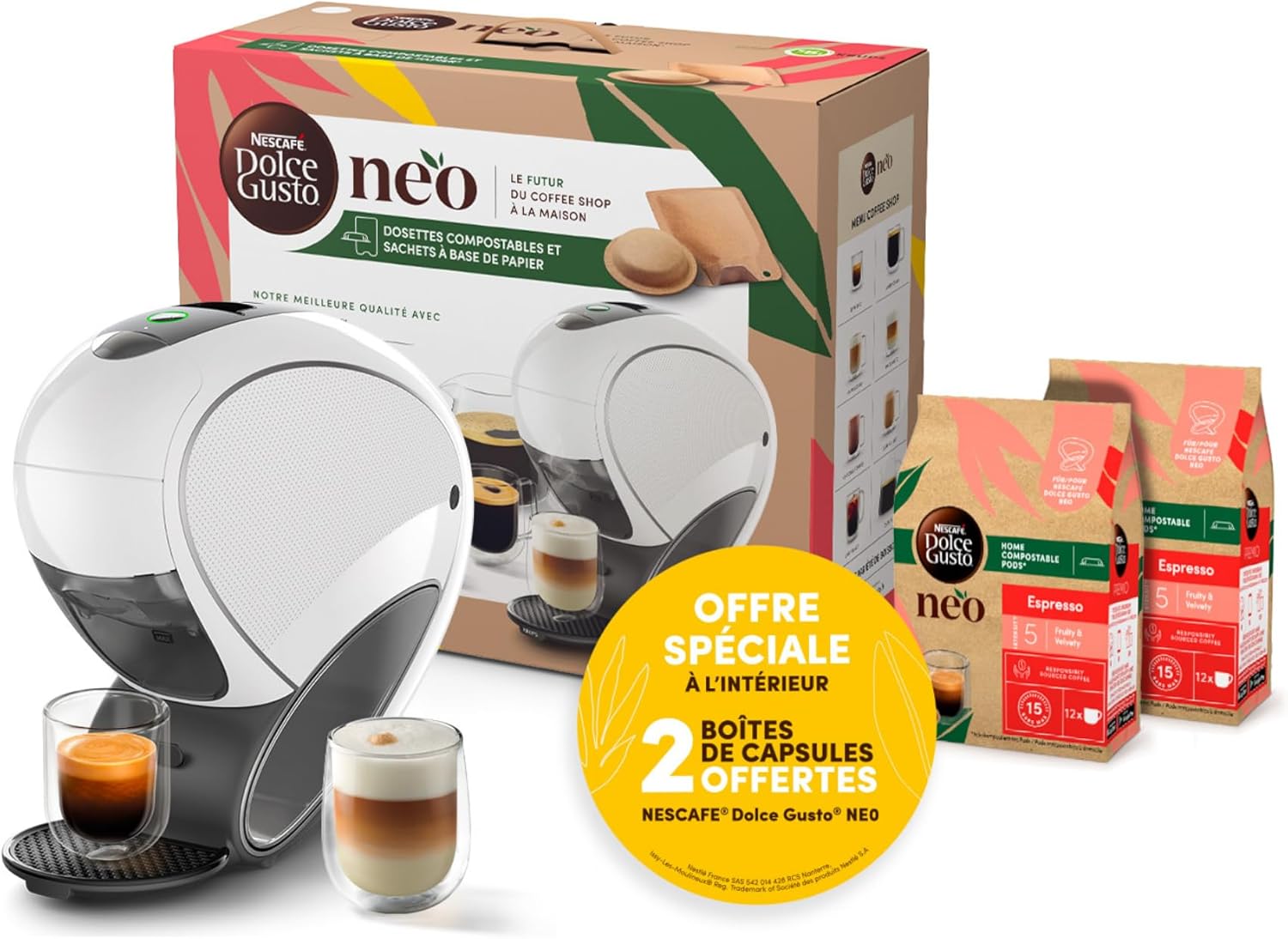 Detalle de Nescafé Dolce Gusto Krups Neo Blanc YY5499FD : machine connectée et compatibilité dosettes compostables