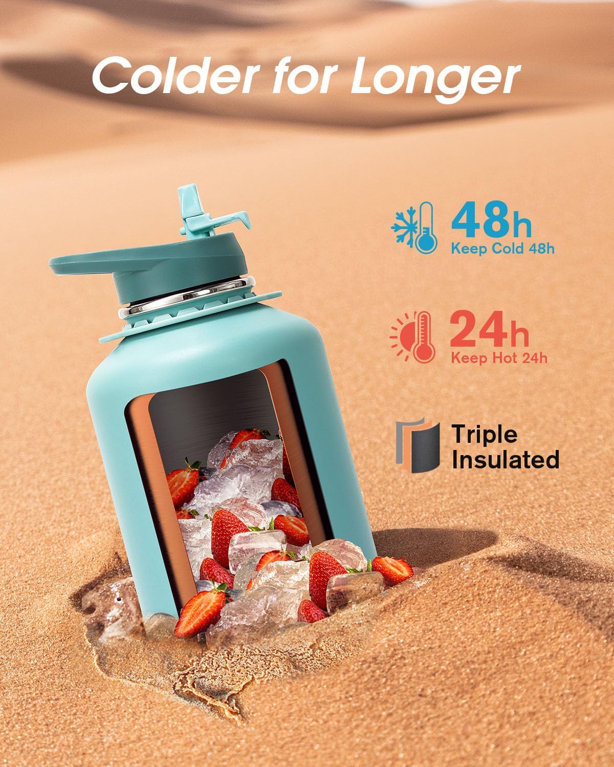 Detalle de Coolflask Water Bottle with Cool Strap, 64 oz Insulated Stainless Steel Jug