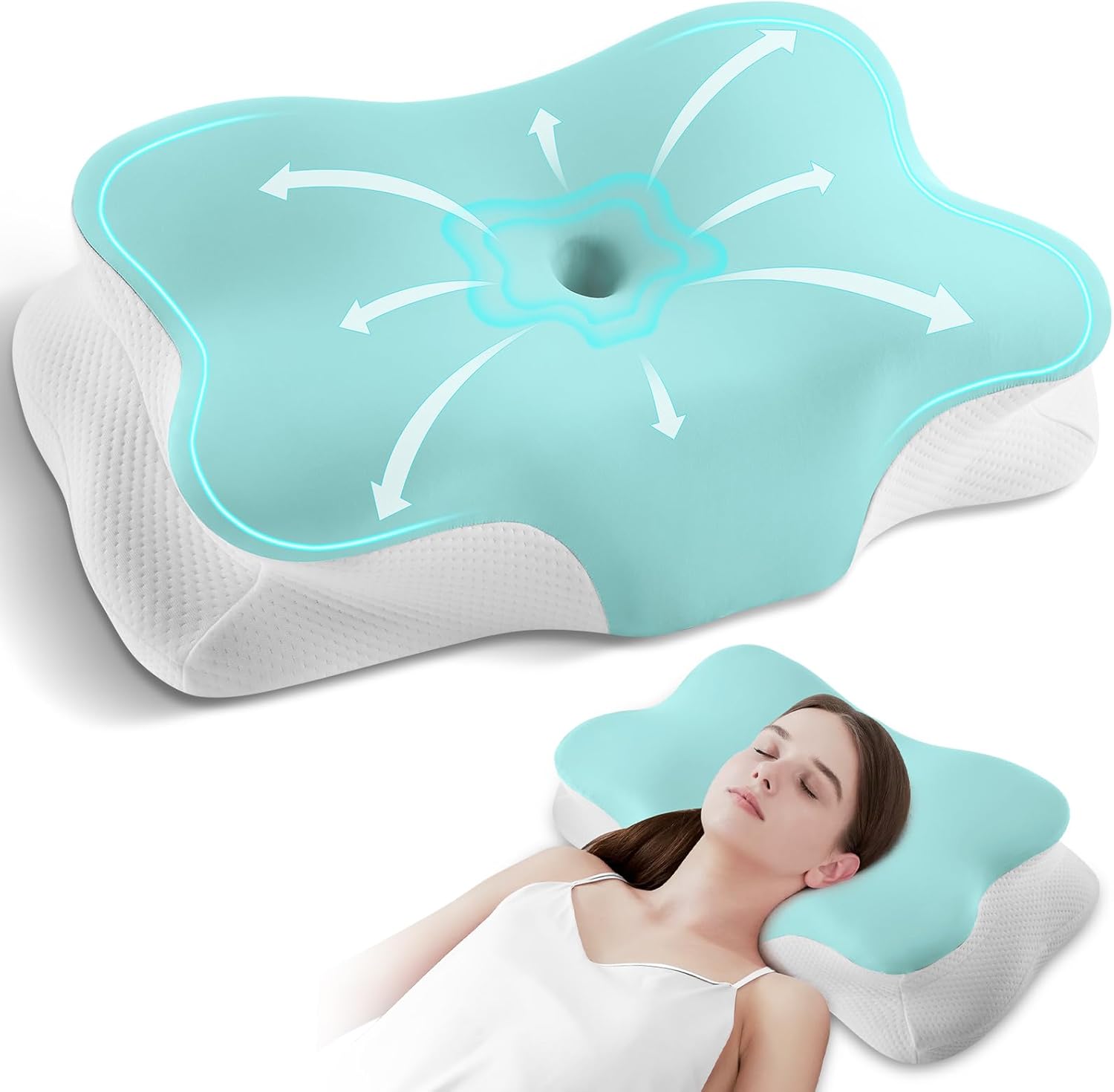 Thumbnail 6 de Silkena Oreiller Coussin Memoire de Forme – Ergonomique et Respirant, idéale pour dormir sur le côté, le dos ou le ventre (Bleu et Blanc)