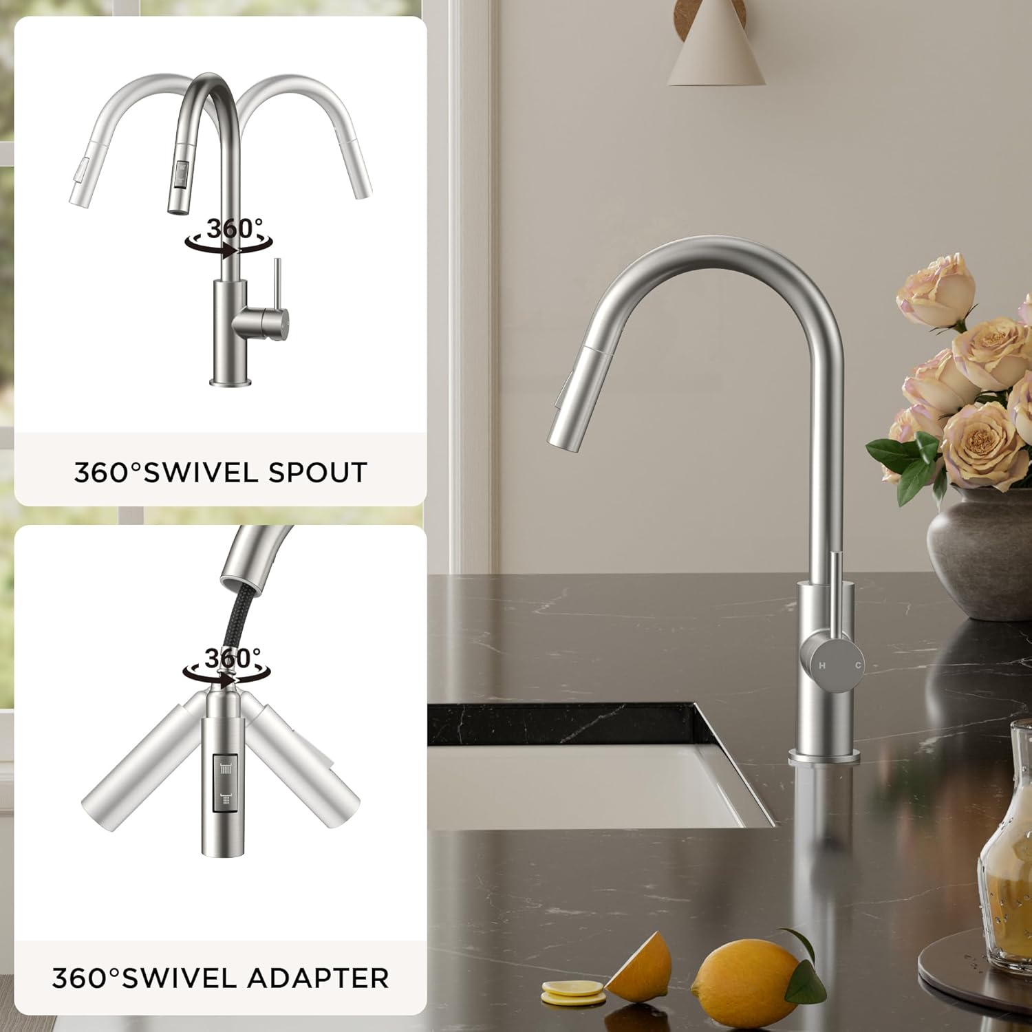 Thumbnail 4 de FORIOUS FF0200BN Pull-Down Kitchen Faucet, Brushed Nickel, High-Arc Spout