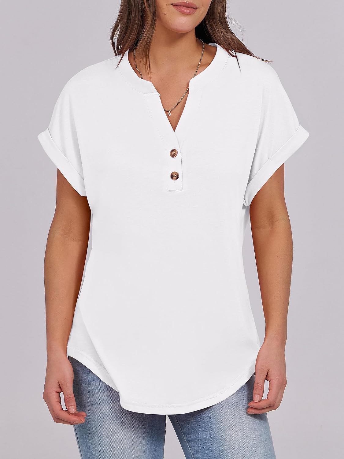 Detalle de ANRABESS Women's Short Sleeve Henley Tops with V-Neck — Dressy Casual Blouses for Summer