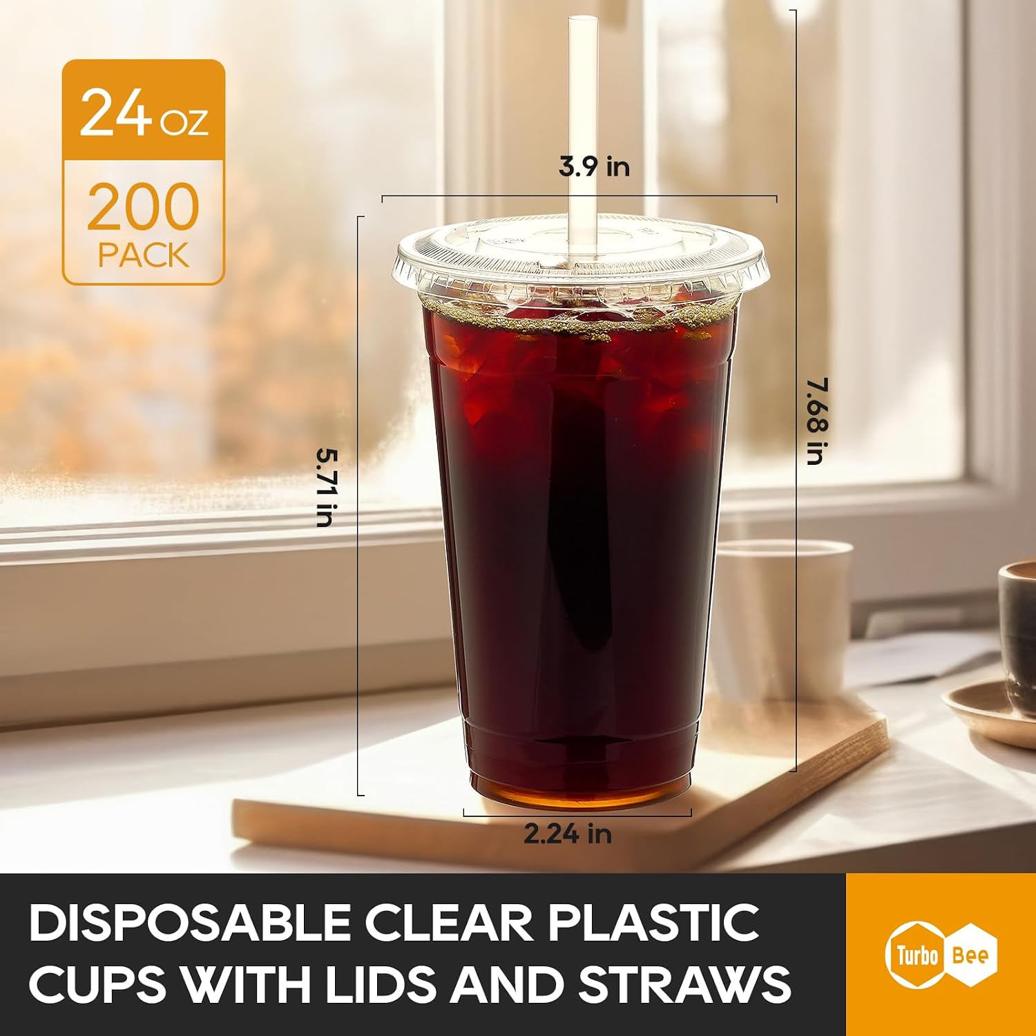 Detalle de Turbo Bee 200 Sets 24 oz Clear Plastic Cups with Lids and Straws (Disposable To-Go Iced Coffee Cups)