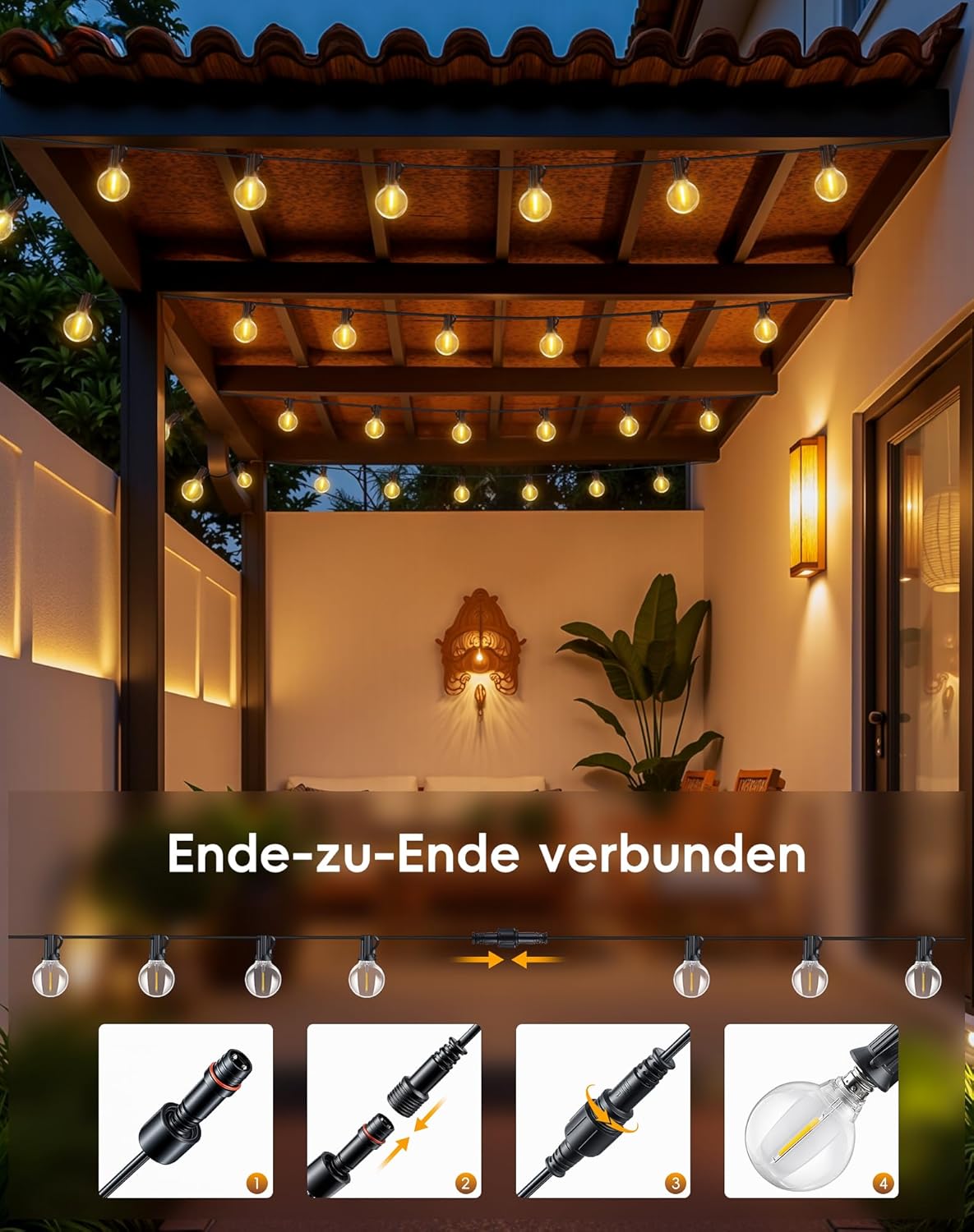 Thumbnail 4 de EVXFG LED-Lichterkette für außen 9 m, G40 (12+1), IP44, 2700K warmweiß – für Terrasse, Balkon & Garten