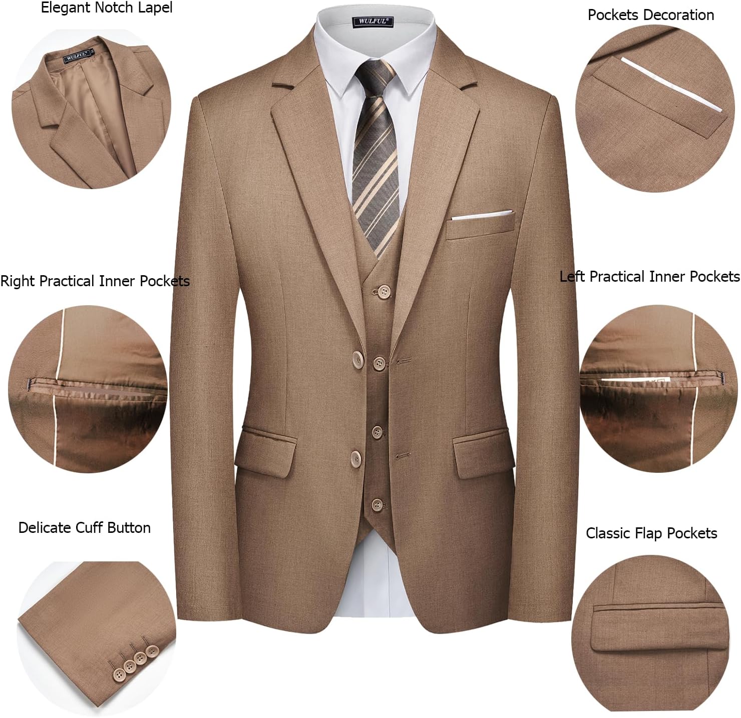 Detalle 2 de WULFUL Men's Slim-Fit Suit Set, 3-Piece