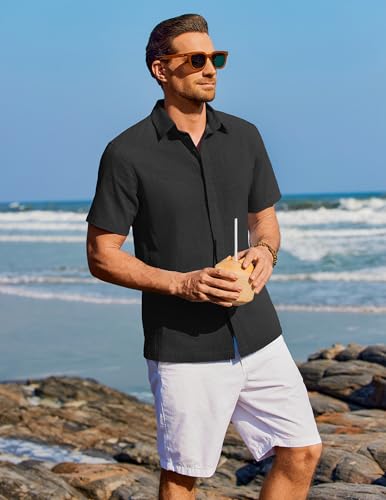 Detalle de COOFANDY Camisa Hombre Manga Corta Verano 100% Algodón – Negro, Regular Fit, Talla M