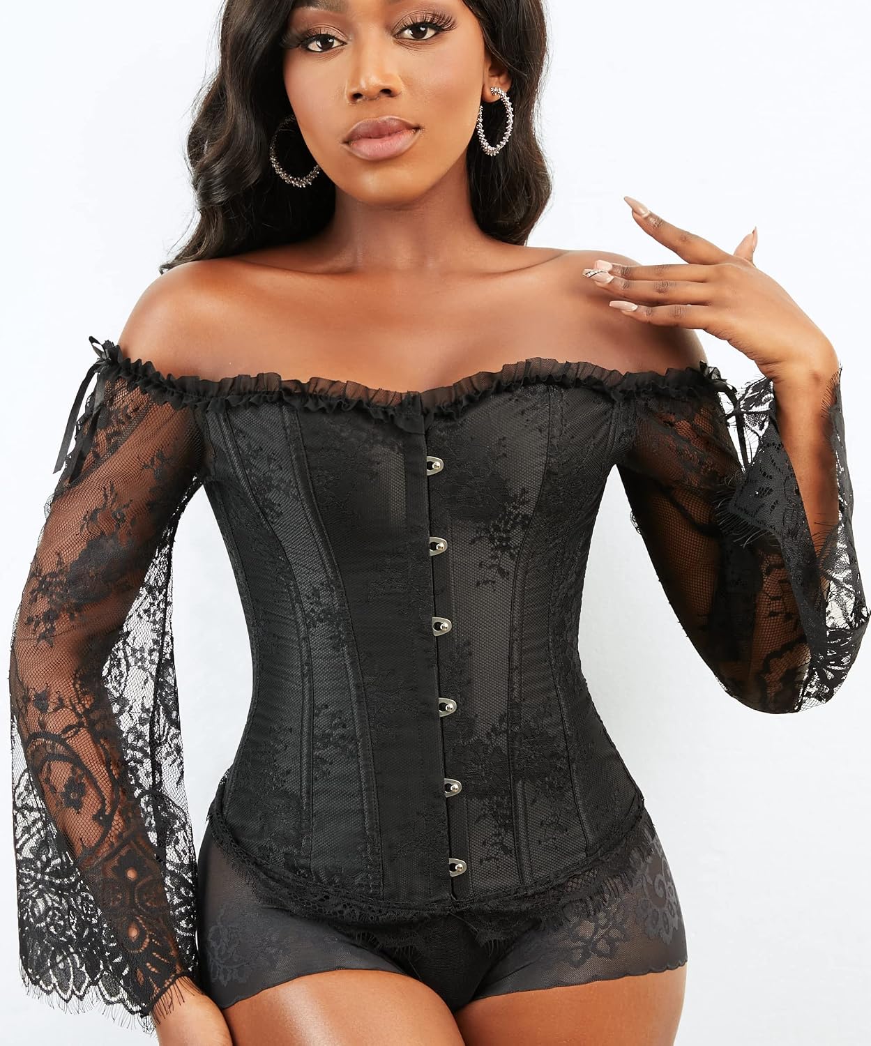 Detalle 2 de SZIVYSHI Women's Off-Shoulder Lace Sleeve Corset Top with Adjustable Back Lacing