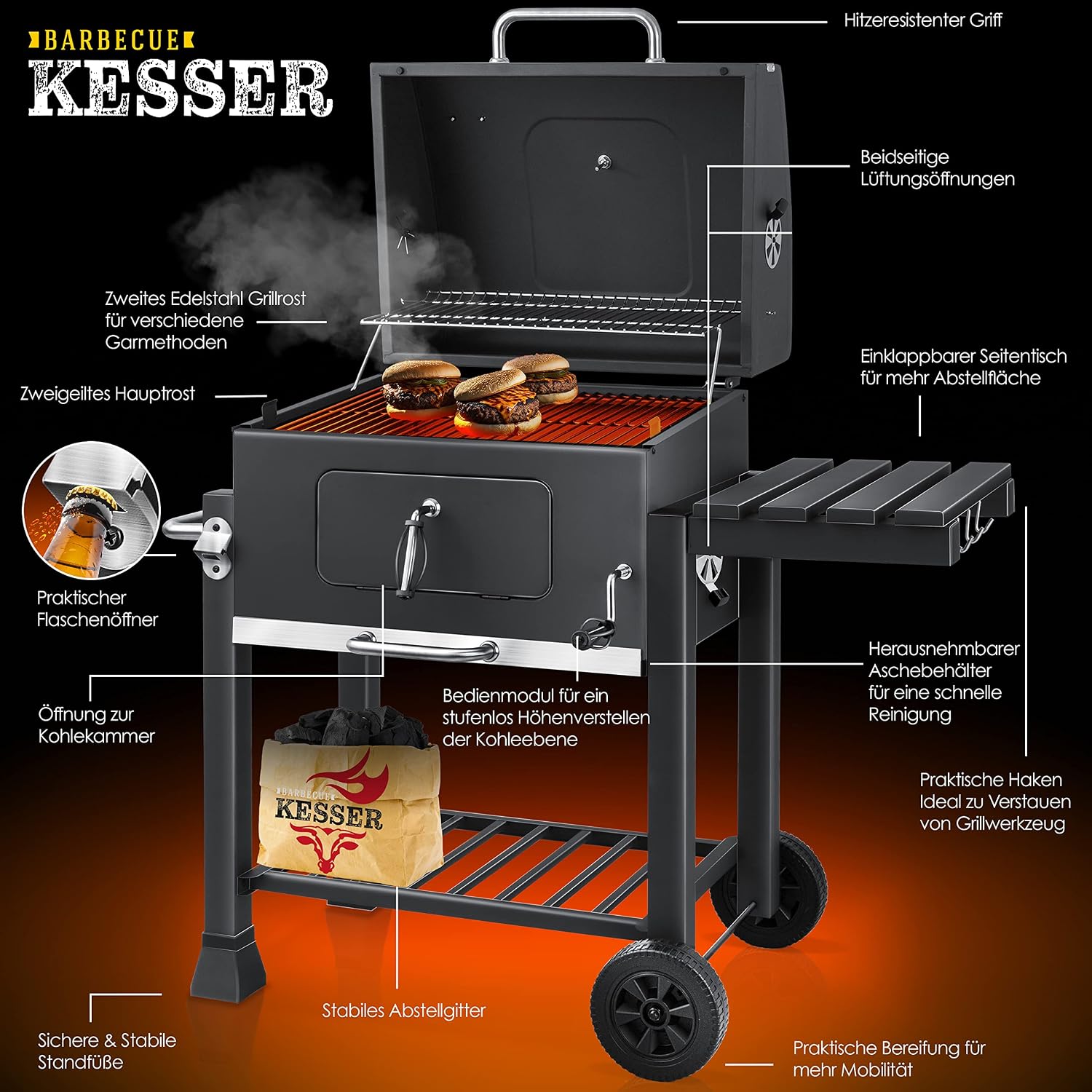 Detalle de KESSER Parilla de Carbón con Carrito y Tapa XL – BBQ grande con termómetro y almacenamiento