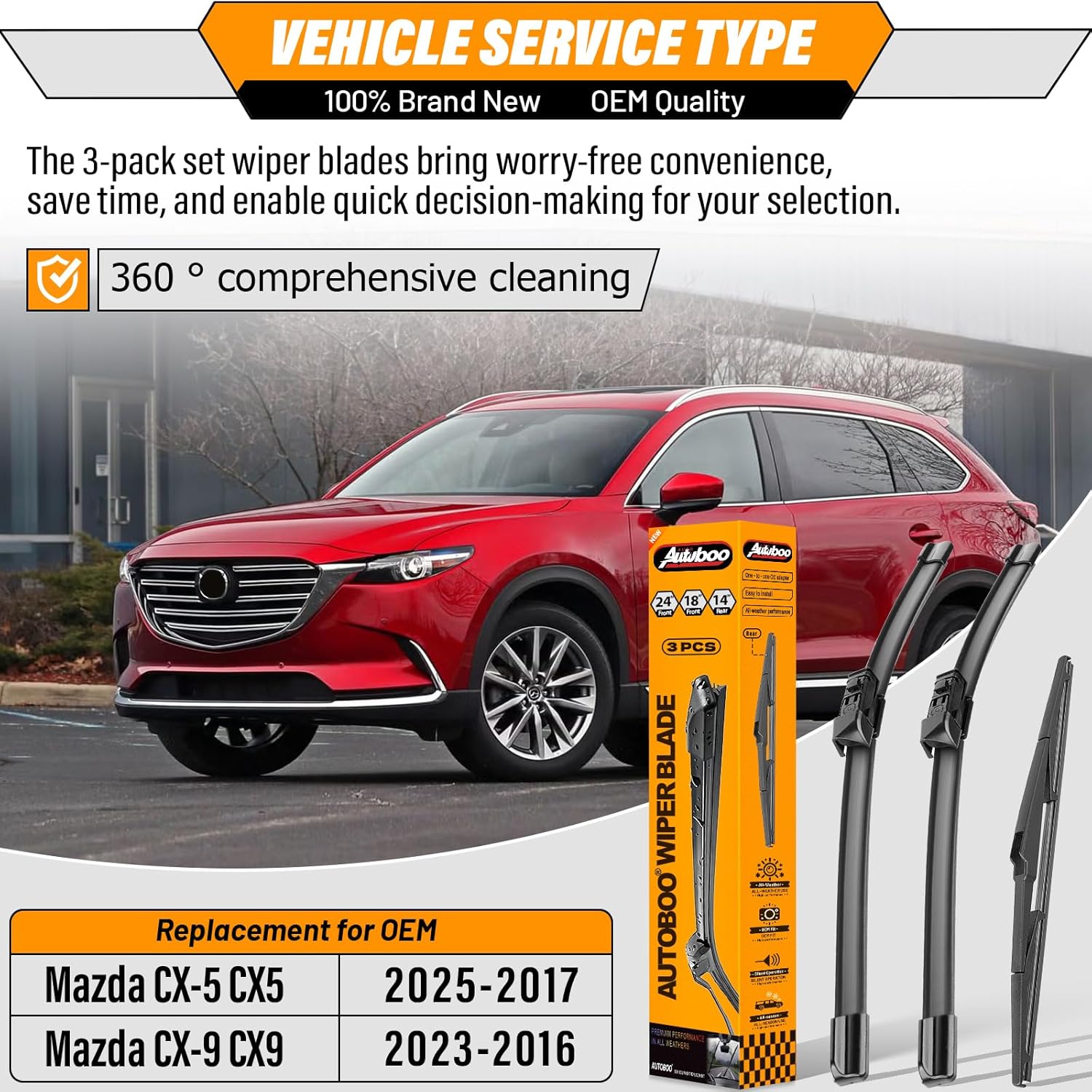 Thumbnail 1 de AUTOBOO 24" + 18" Windshield Wipers with 14" Rear Wiper Blade (Pack of 3) for Mazda CX-5/CX-9