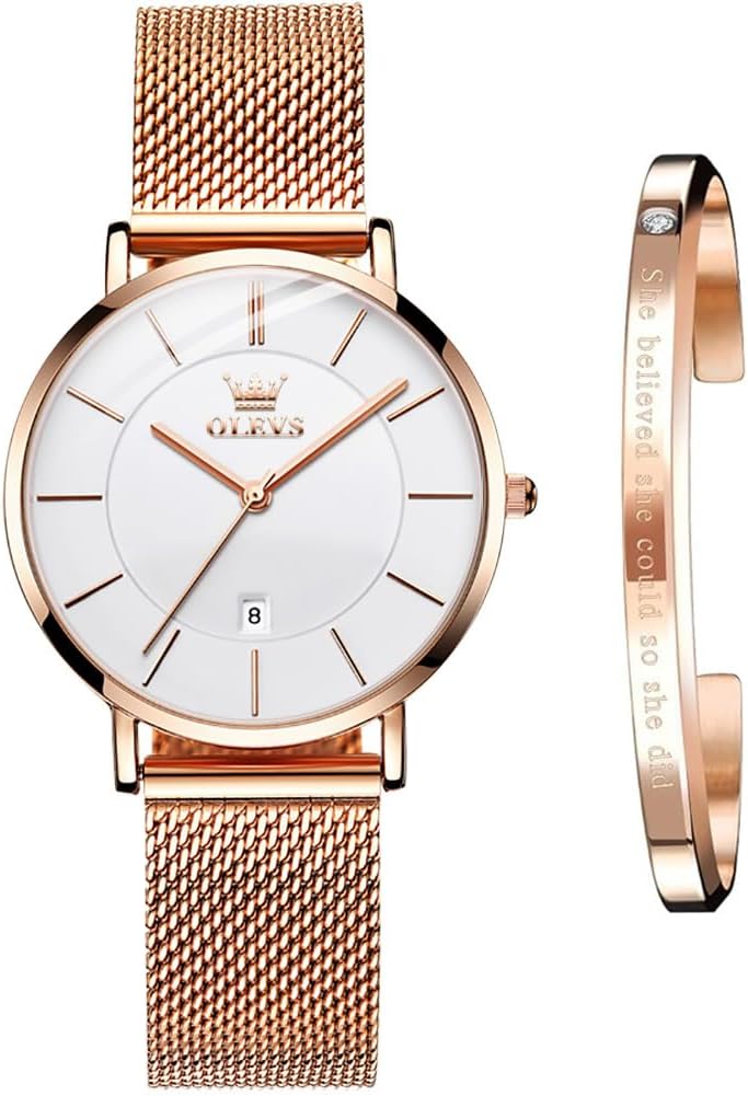 Thumbnail 6 de OLEVS Montre femme Luxe Or Rose – Montre en acier inoxydable mesh, étanche 30 m, bracelet ajustable