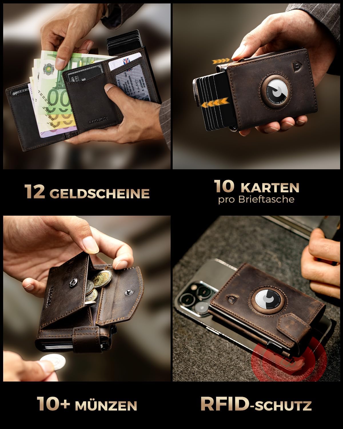Detalle 2 de LORZOR AirTag Wallet mit XXL Münzfach 30 Münzen