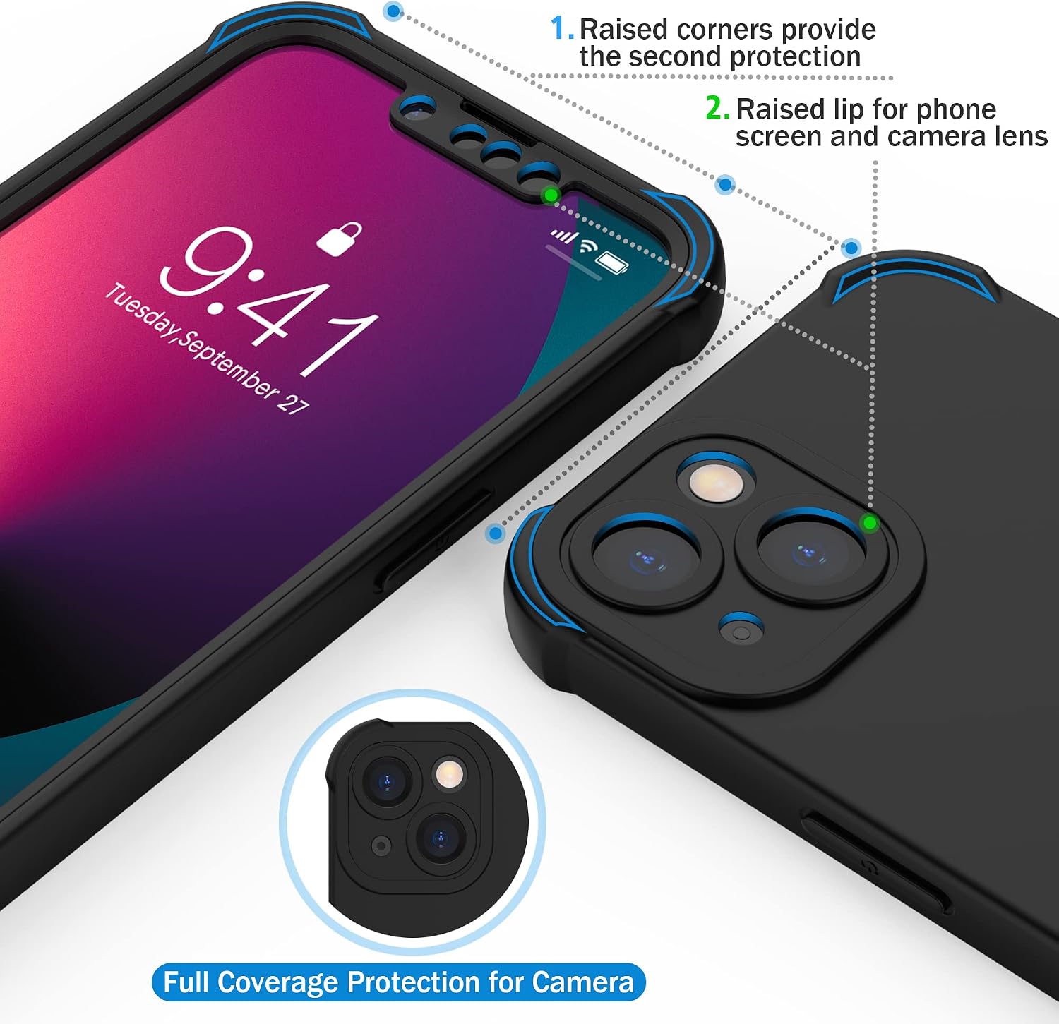 Detalle de ORETECH iPhone 13 Case (6.1-inch) with 2-Pack Tempered Glass, Camera Lens Guard & 360° Shockproof Slim Rubber Bumper – Black