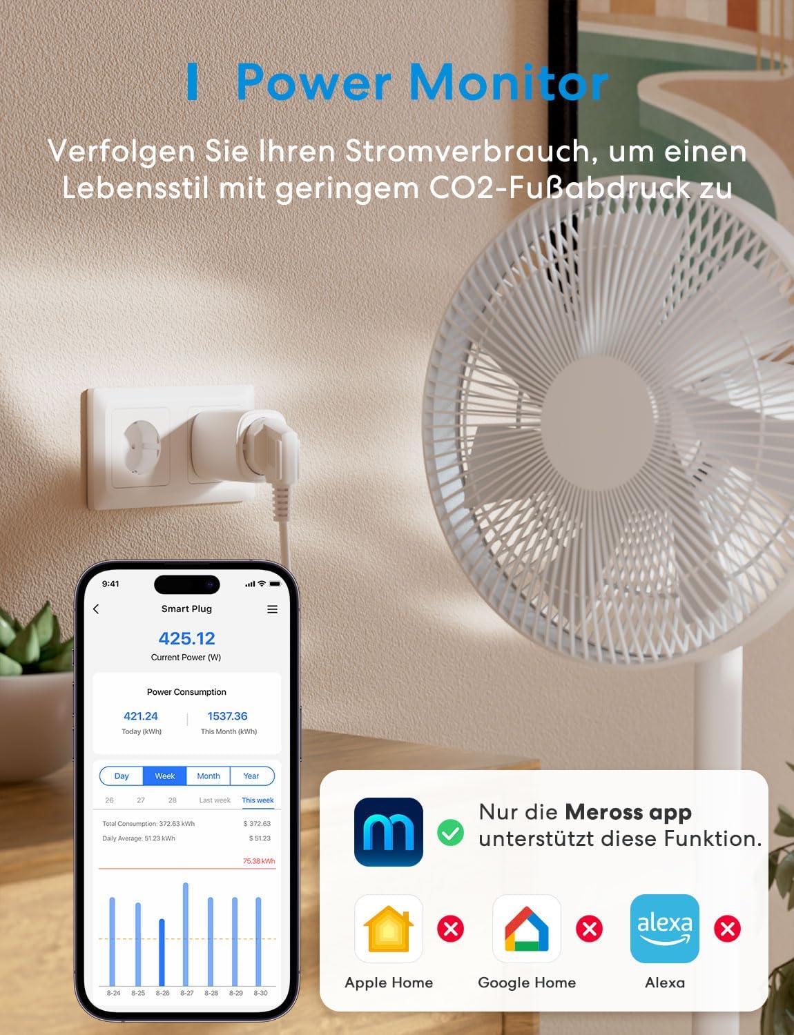 Thumbnail 1 de meross Matter WLAN Smart-Steckdose mit Stromzähler fürs Balkonkraftwerk (Messung, Zeitpläne, Fernzugriff)