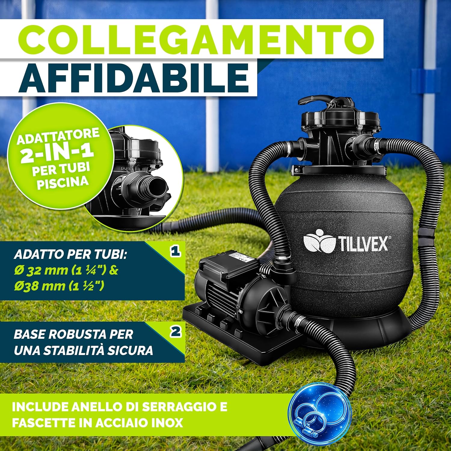Thumbnail 6 de Tillvex Pompa Filtro Piscina 7.900 L/h + 400 g Filtri Balls – 7 funzioni di filtrazione, adattatore 2in1 Ø32-38 mm