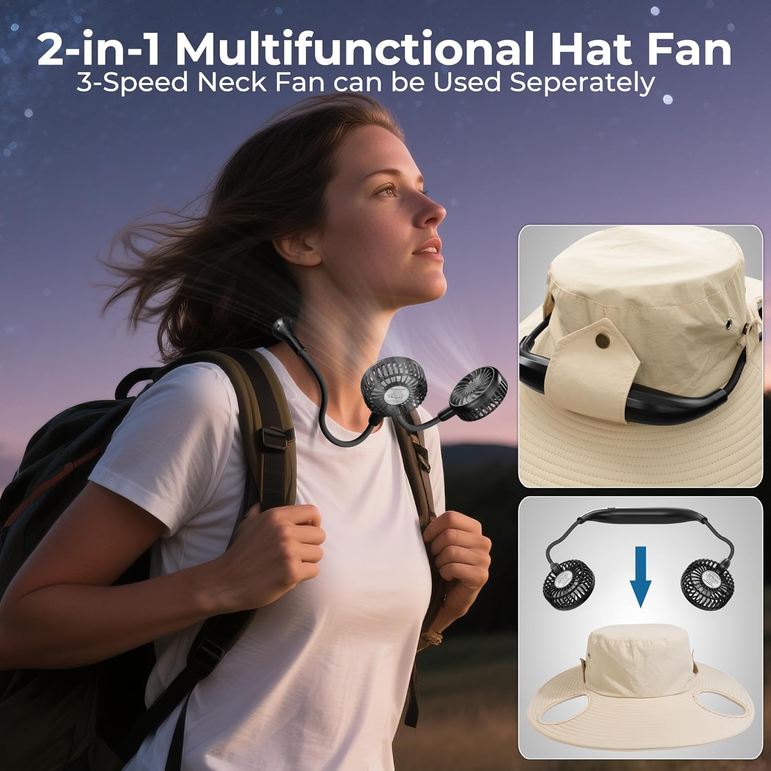 Detalle 2 de AMACOOL Bucket Hat Fan: 2-in-1 Cooling for Outdoor Adventures