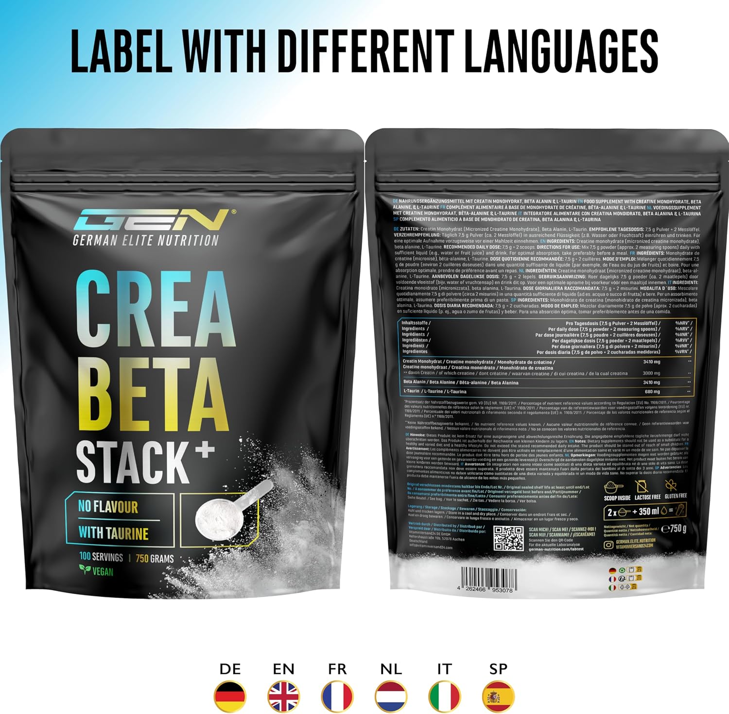 Detalle 2 de GEN German Elite Nutrition Creatin Beta Alanin Stack (Creatin Monohydrat + Beta-Alanin + L-Taurin) – 750 g Pulver