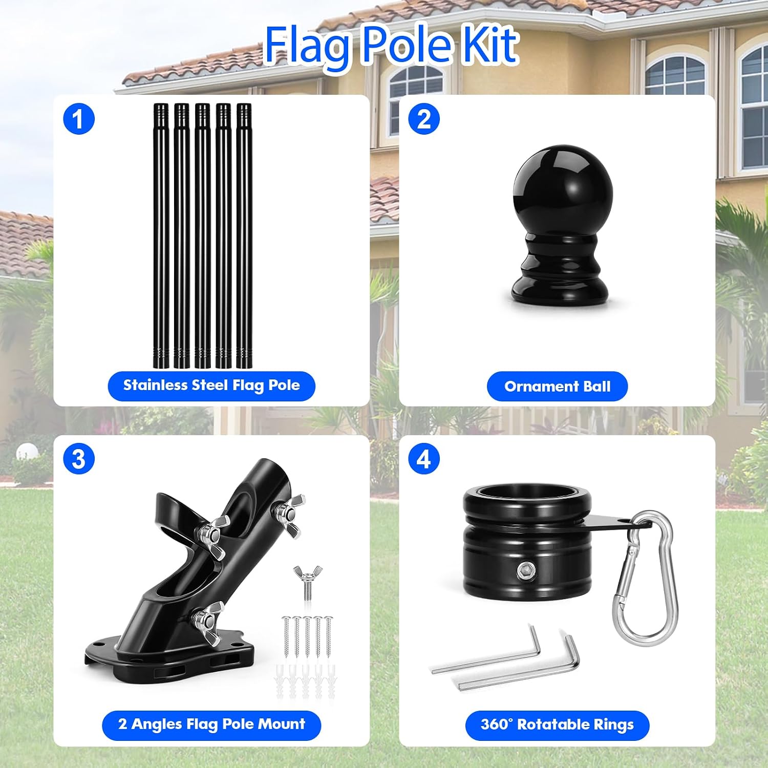 Detalle 2 de Anovo FP001 6-Foot Stainless Steel Flagpole Kit with 360° Rotating Rings