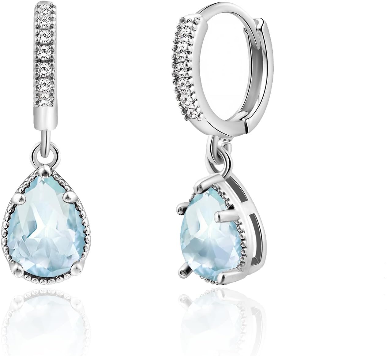Detalle de Weviway Silver Aquamarine Drop Earrings – Teardrop Crystal Hoop with Lever-Back Closure