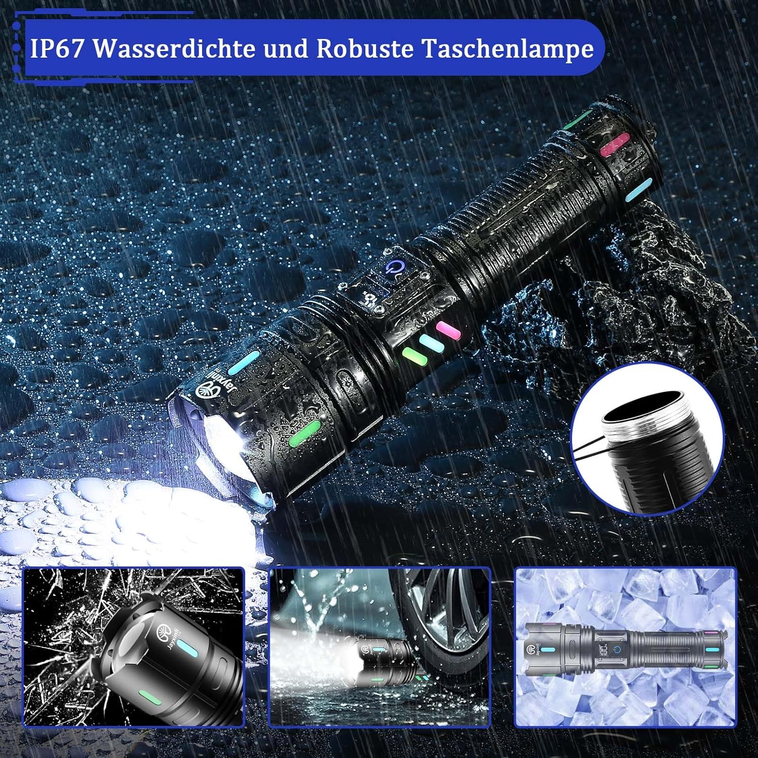 Thumbnail 4 de Jayxinli LED-Taschenlampe mit Akku, LCD-Batterieanzeige, Zoom und IP67